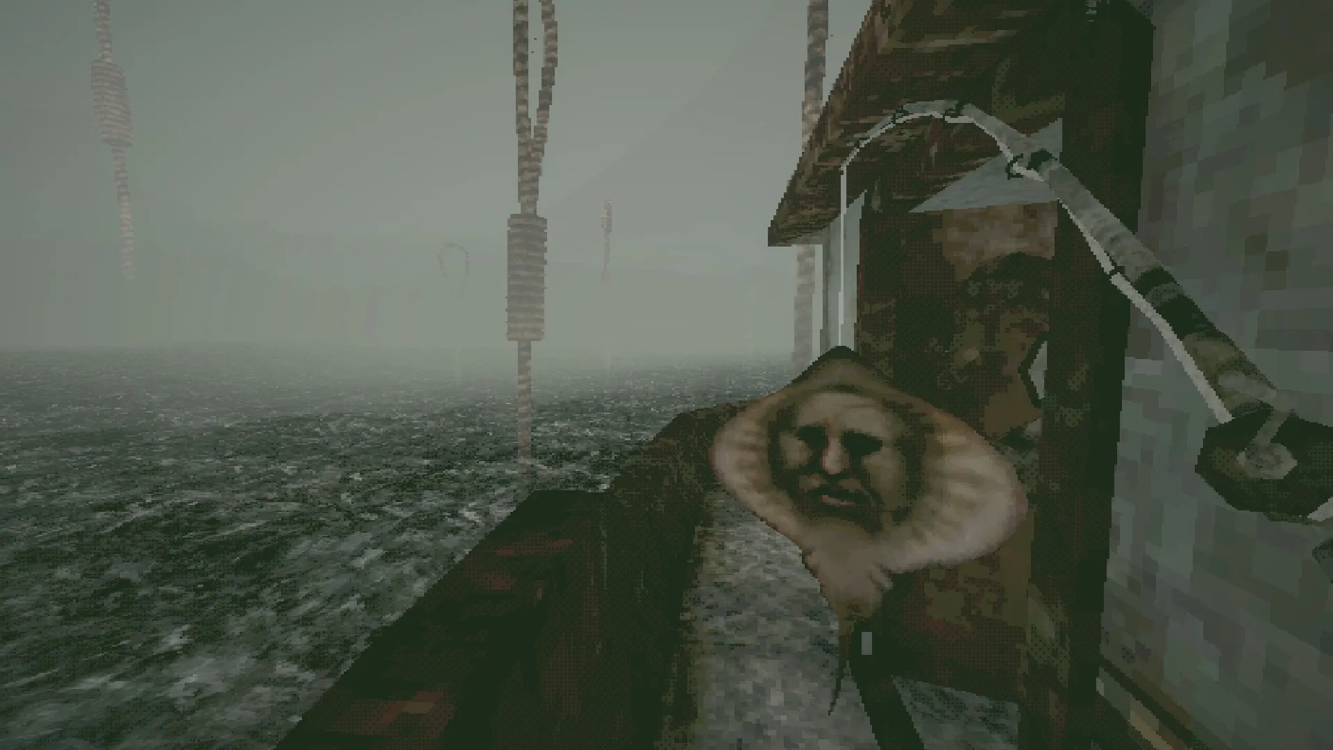 Mourning Tide: Fisherman encounters eerie face on ship deck amid foggy, ominous ocean setting