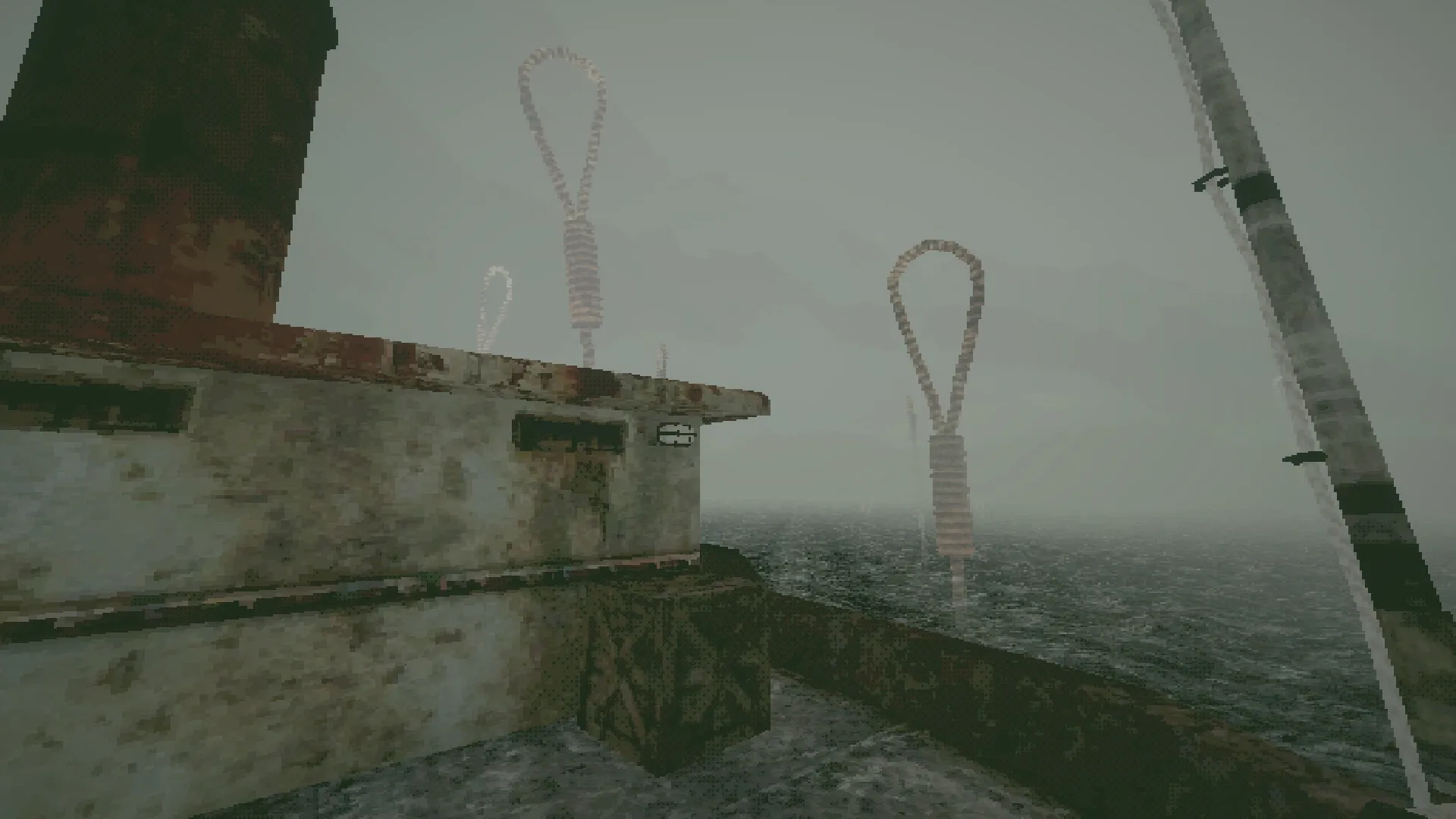 Mourning Tide: Abandoned boat deck with fishing rod and looming nooses in the foggy sea environment