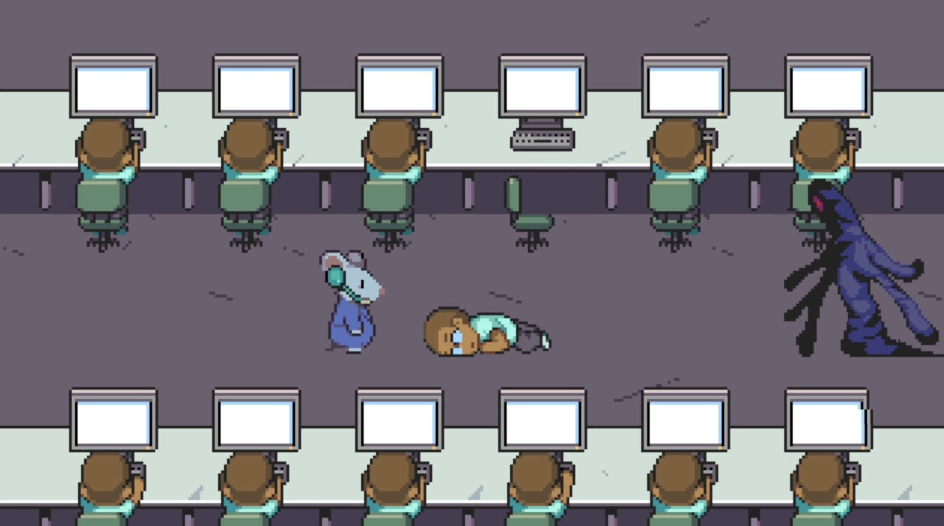 Mousebusters: Mouse hero faces shadowy claw monster beside fallen worker in computer lab room.