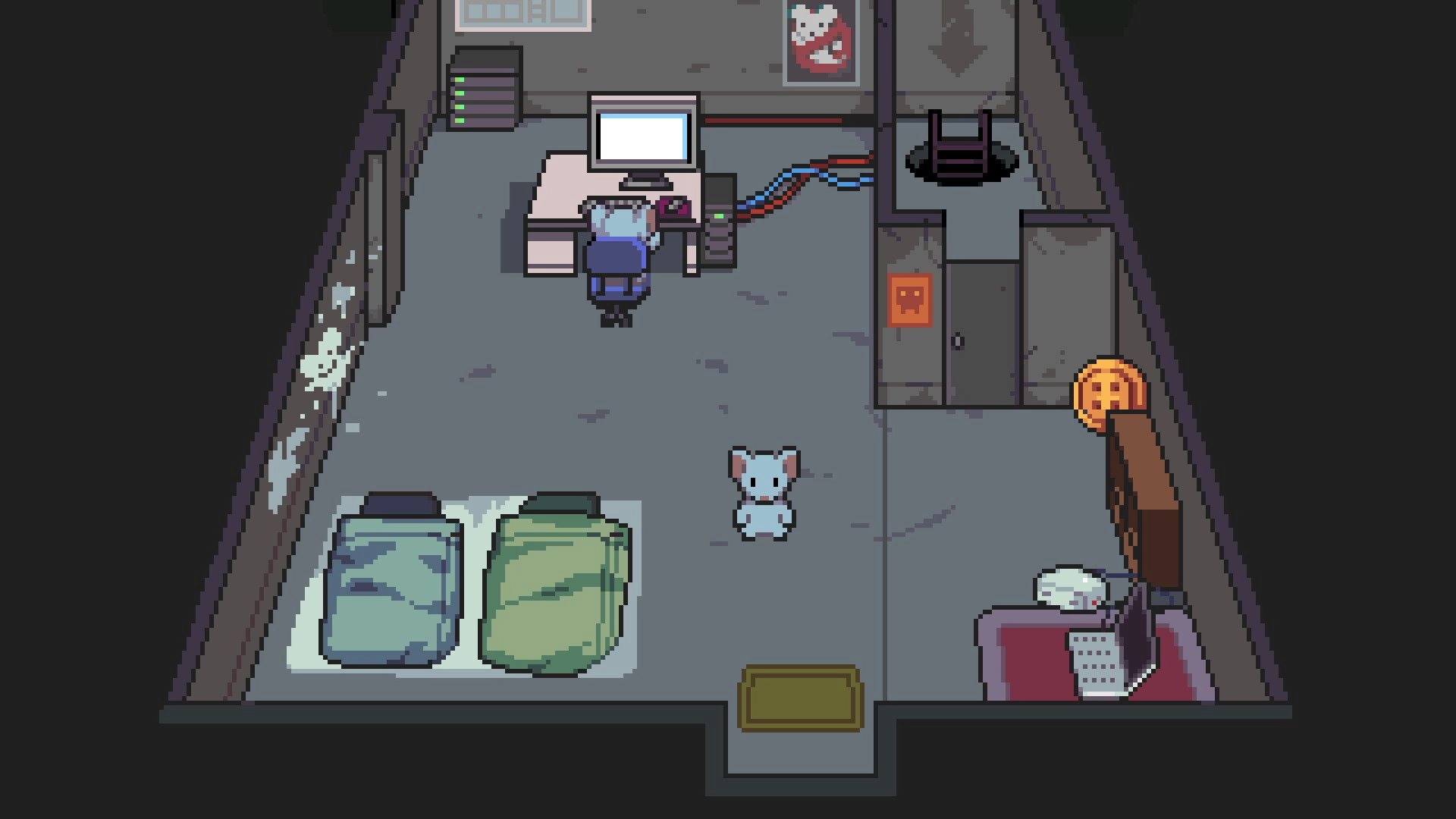Mousebusters: Mouse character at a desk with computer and cables in a cramped gray apartment room.