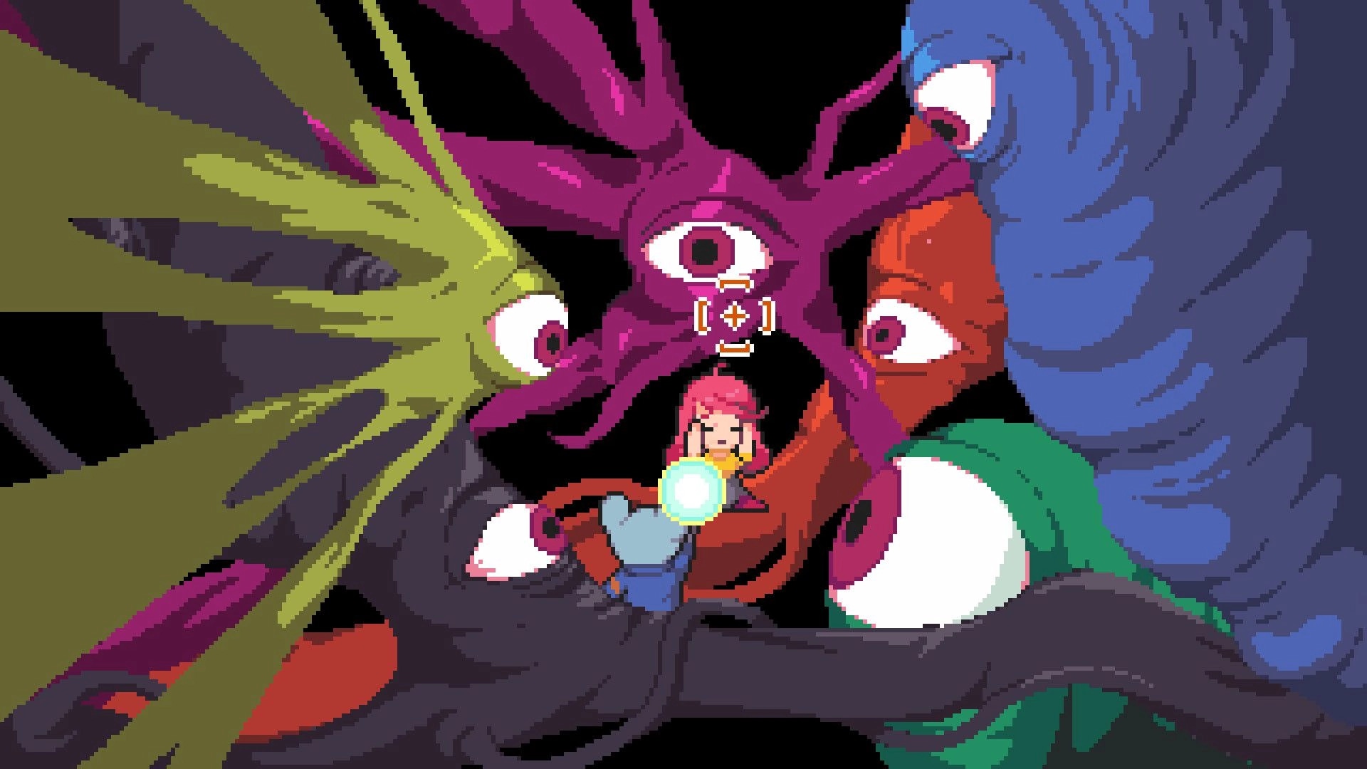 Mousebusters: Pink-haired hero aims glowing orb at many-eyed monster in a swirling void battle scene.