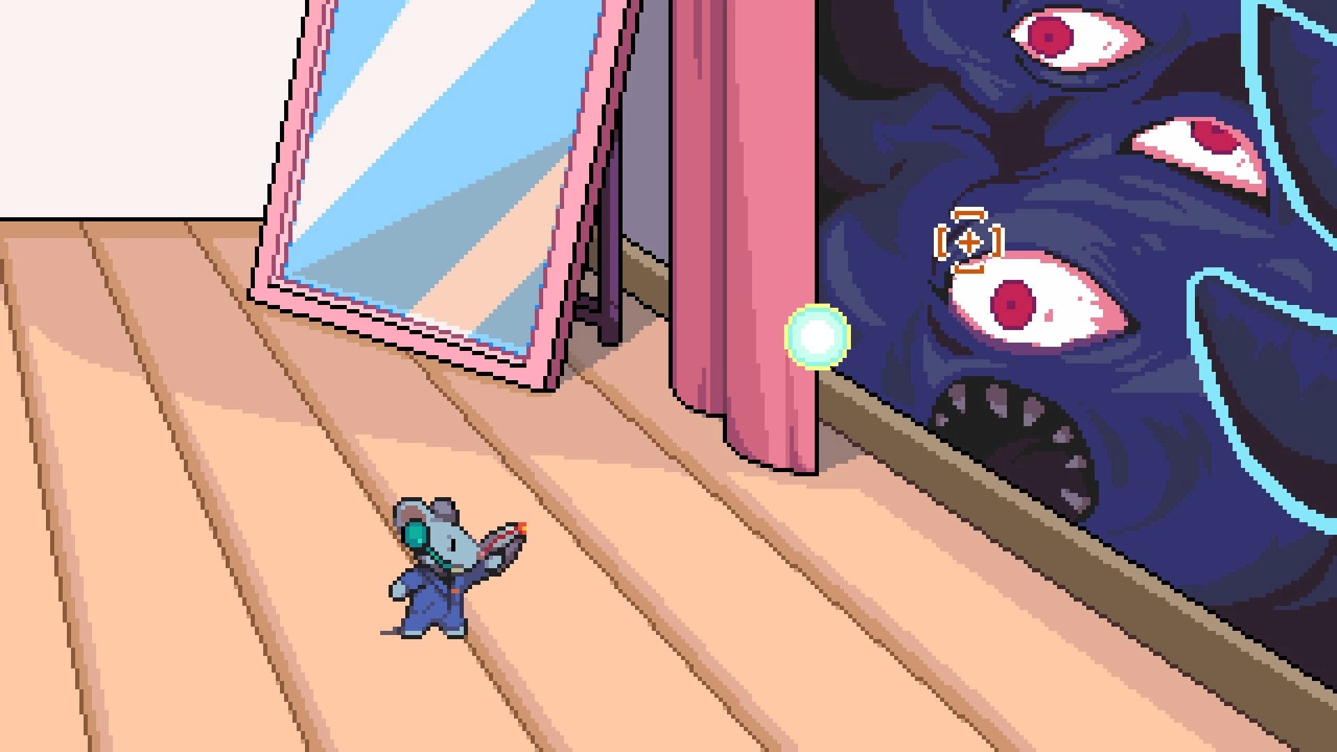 Mousebusters: Tiny mouse aims a blaster at a looming shadow face in a pink-curtained room hallway.
