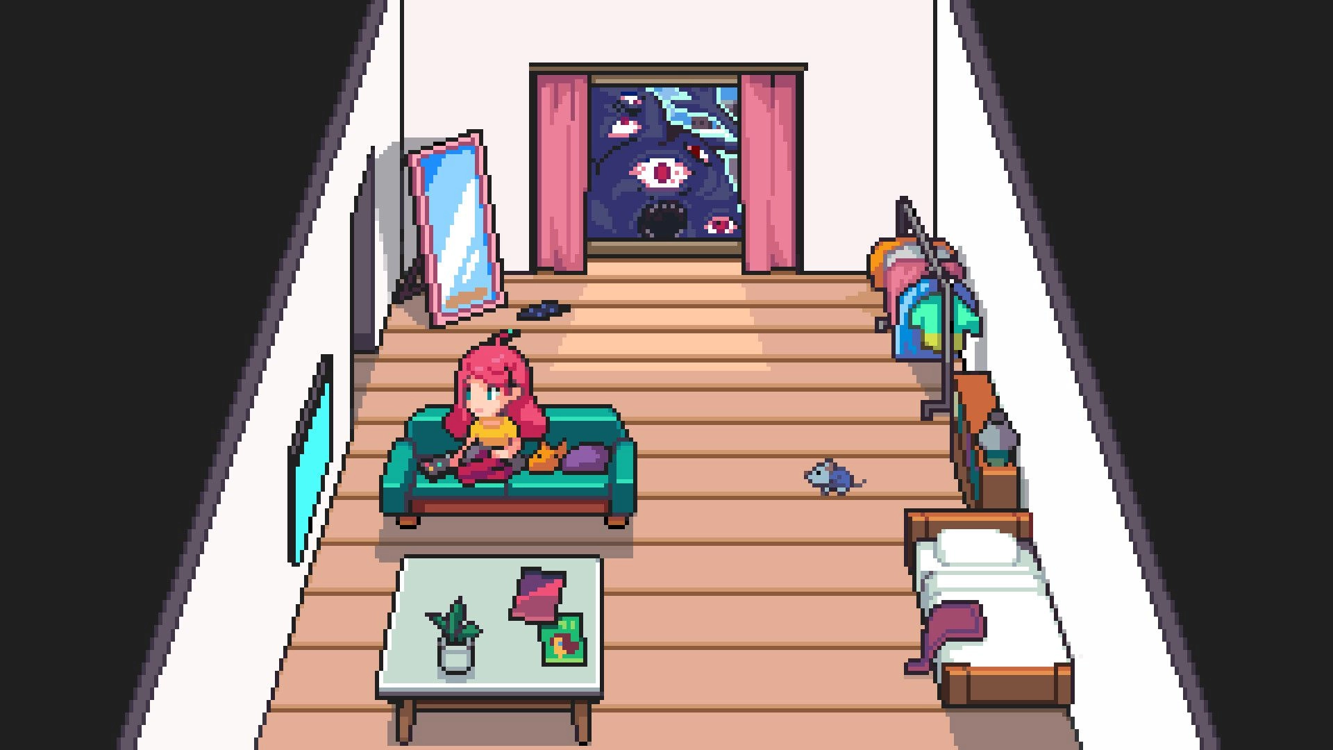 Mousebusters: Pink-haired girl sits on a couch as eerie eyes stare through a bedroom window.
