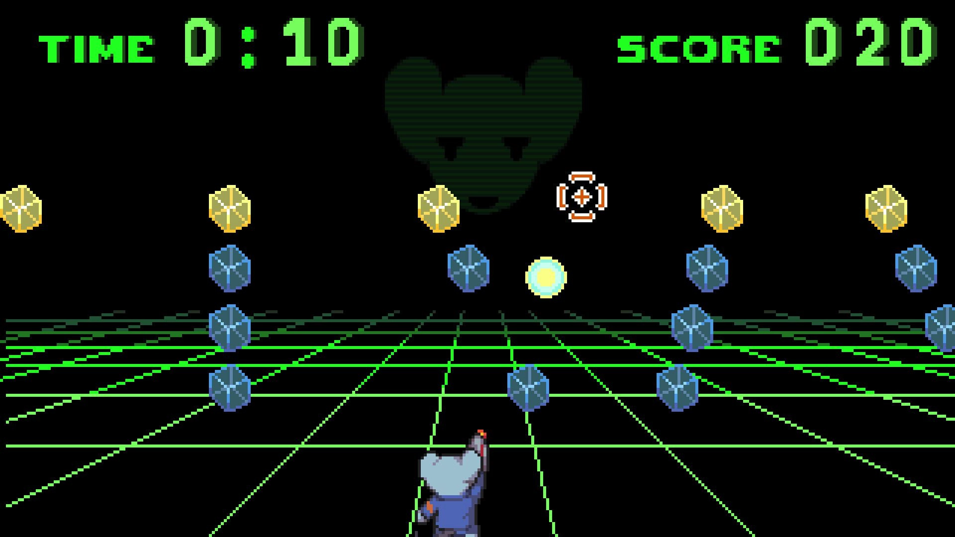 Mousebusters: Mouse aims crosshair at floating gems on neon grid arena with time and score HUD.