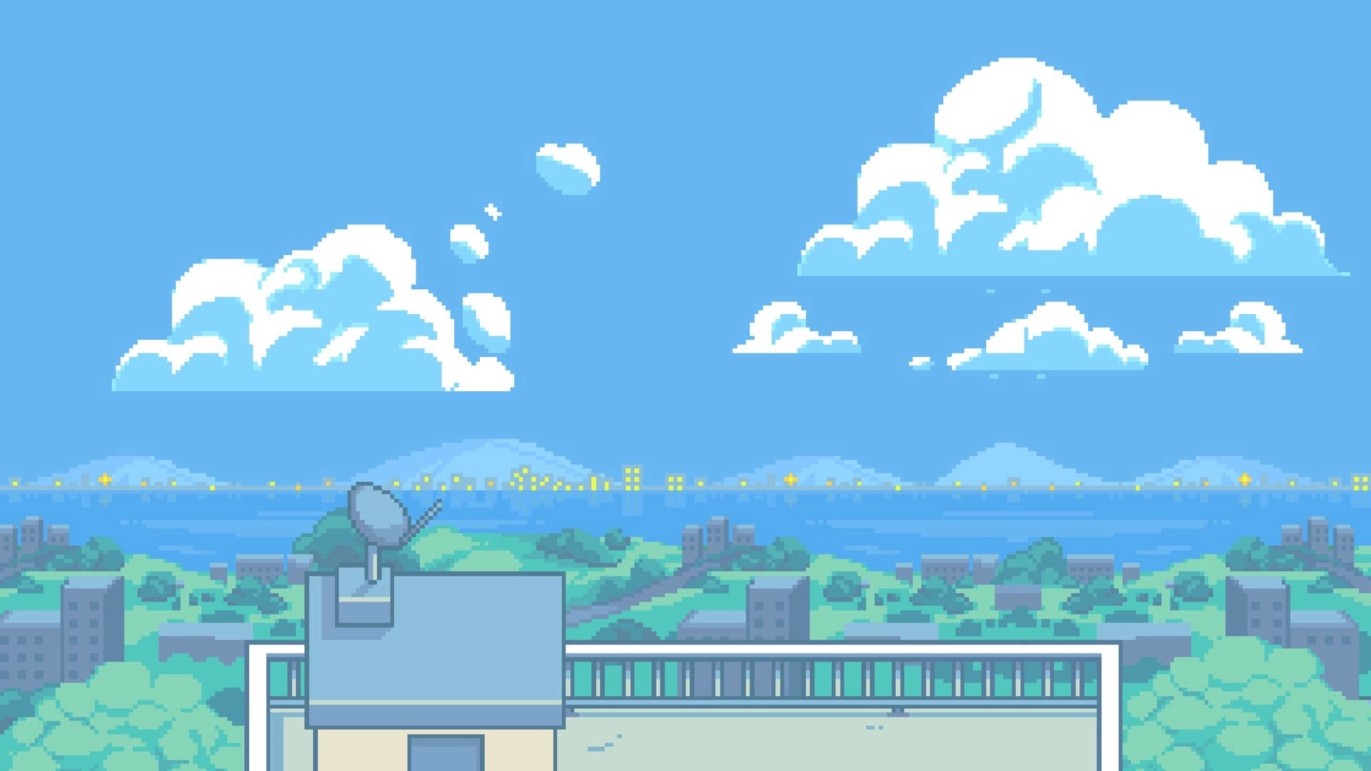 Mousebusters: Rooftop view with satellite dish and railing overlooking city and bay under clouds.
