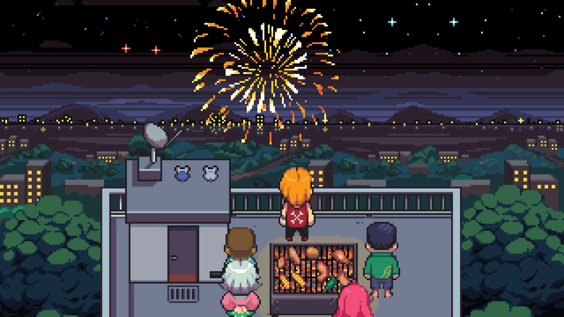 Mousebusters: Four characters watch fireworks from a rooftop balcony above a lit city at night sky.