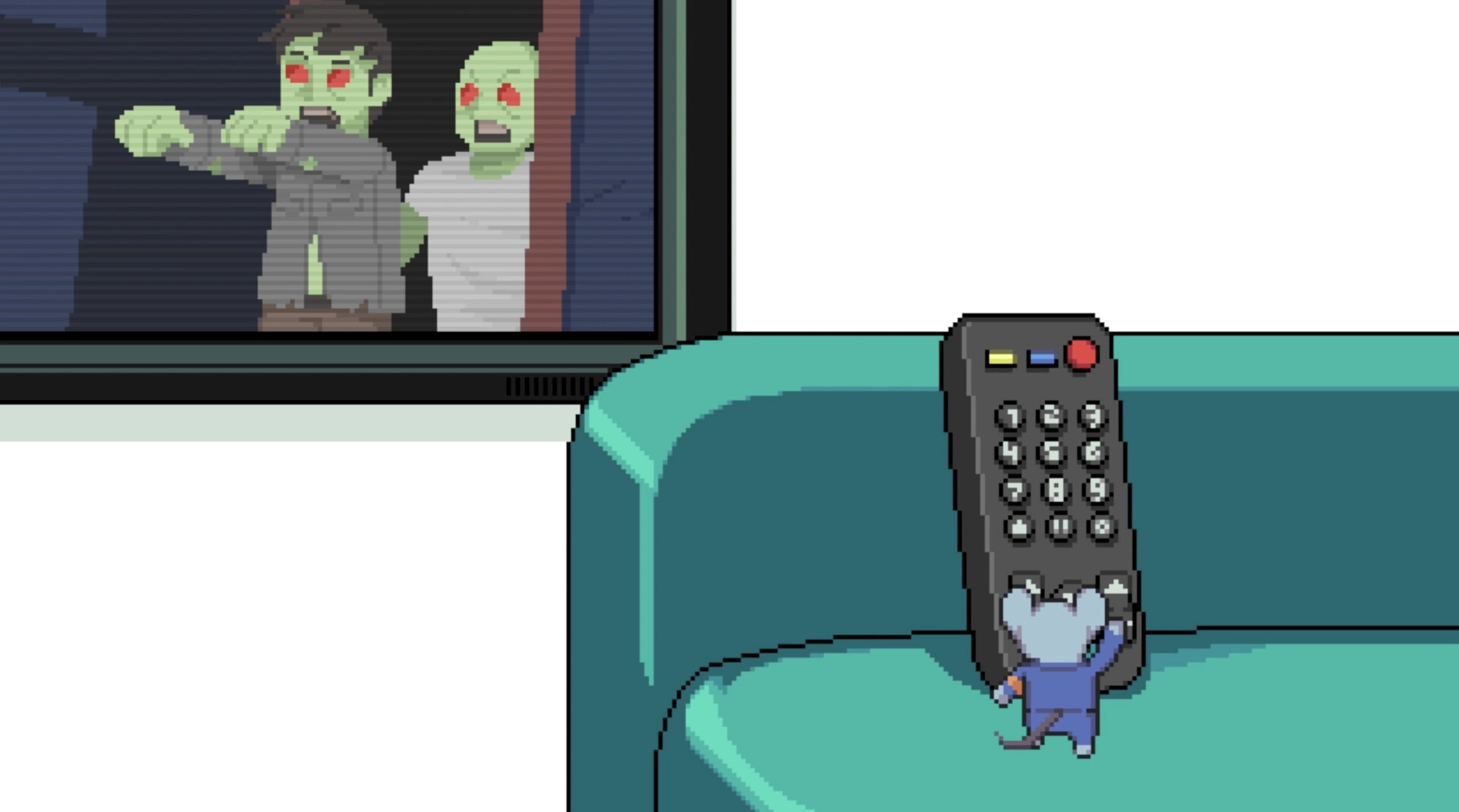 Mousebusters: Tiny mouse character holds a huge remote by a TV showing two zombies in living room.