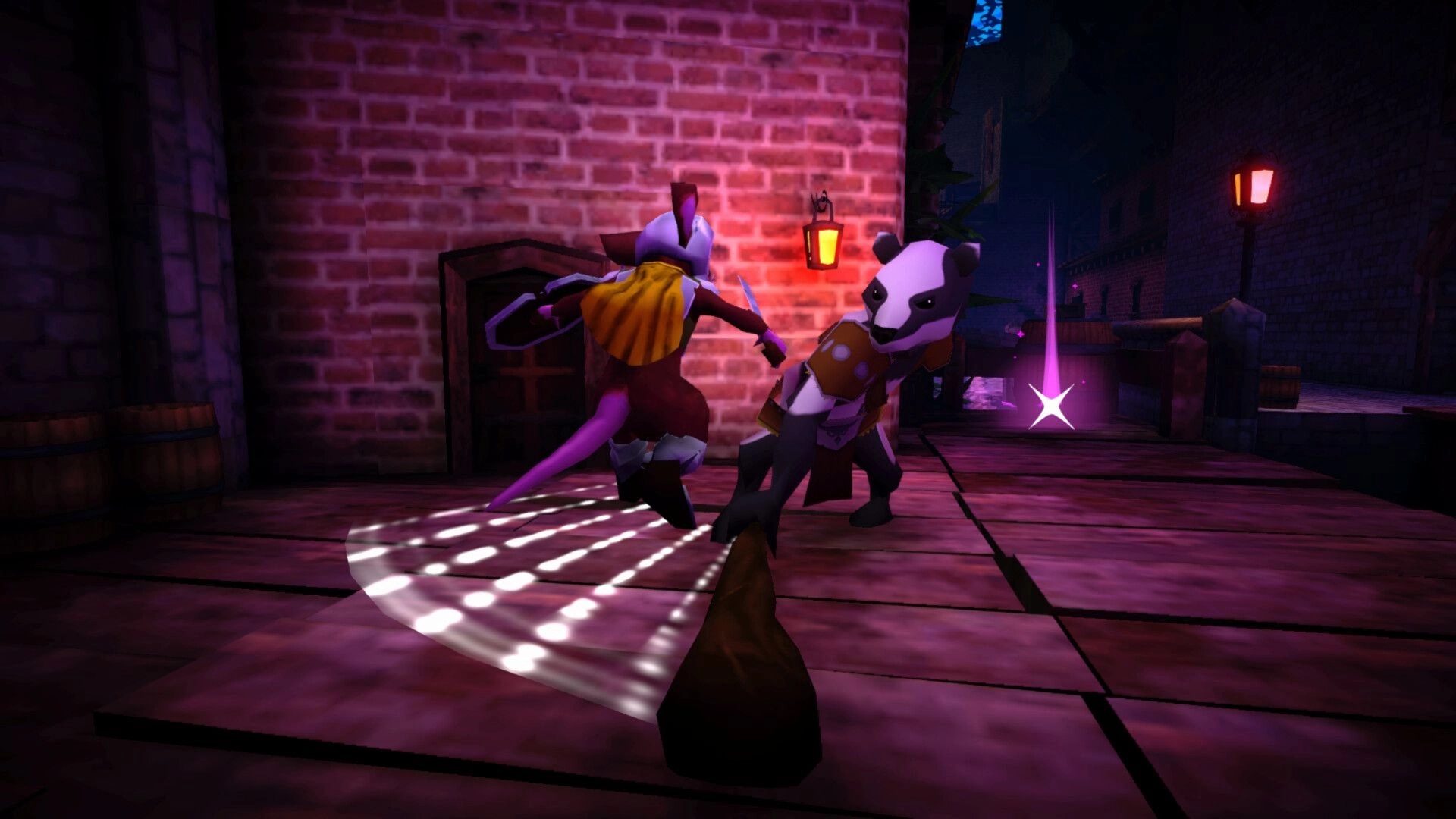 Mouseward: Mouse guard swings sword at armored badger in lantern-lit brick alley with purple loot glow.