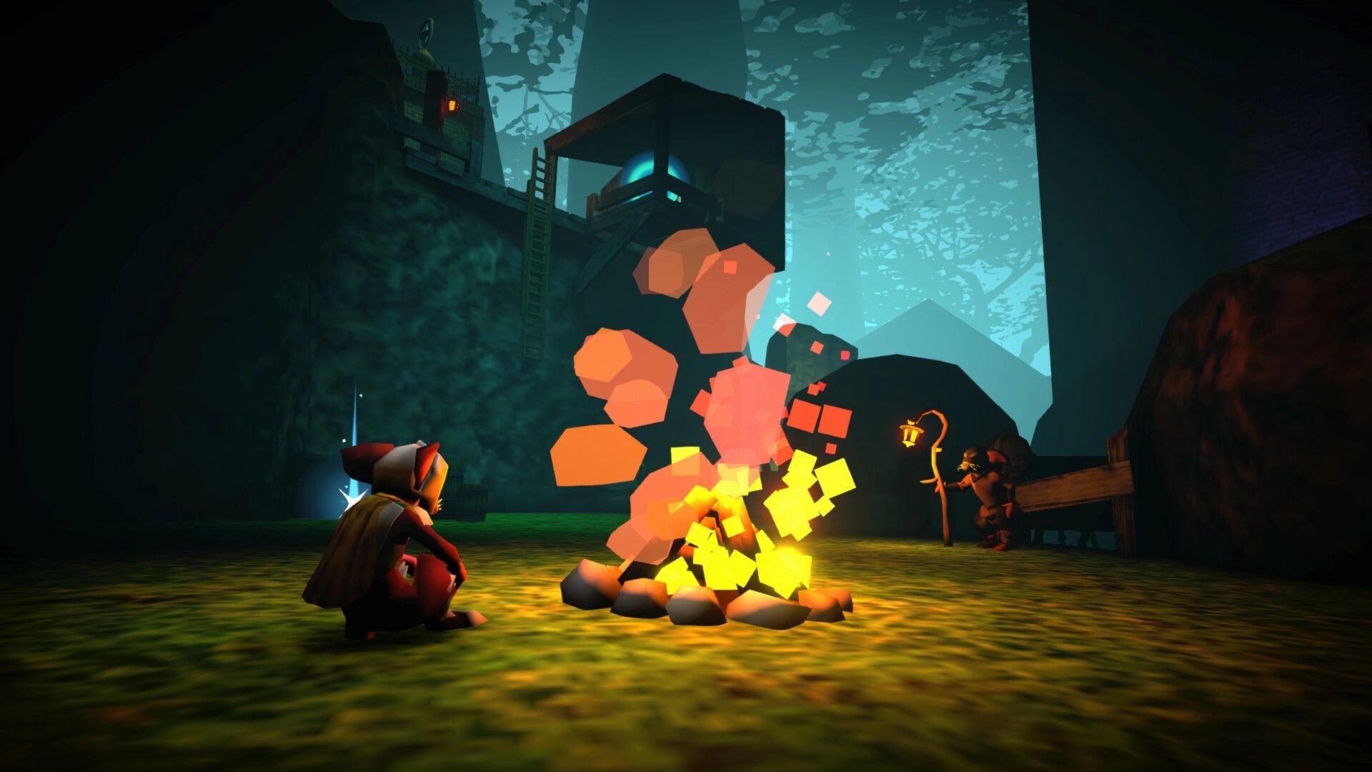 Mouseward: Cloaked mouse sits by a blazing campfire in a misty forest camp with huts and ladders.
