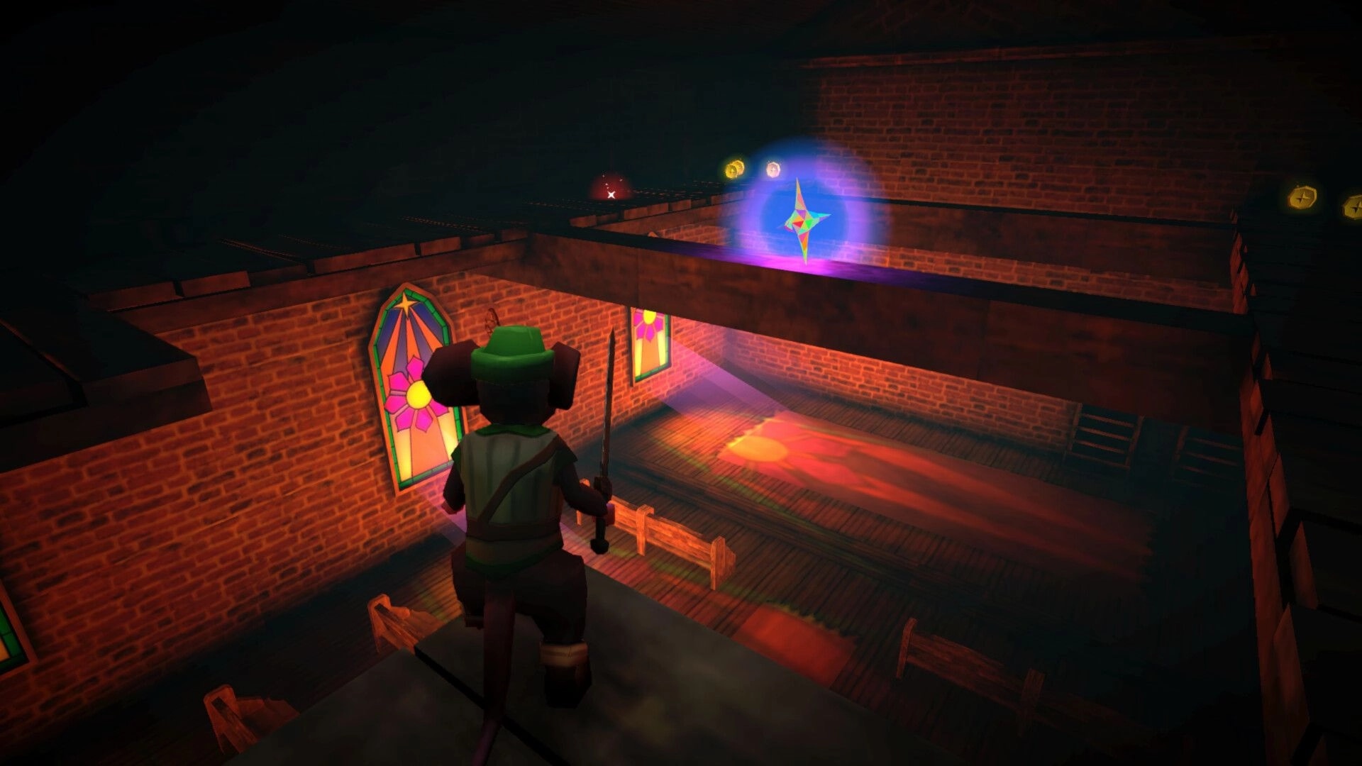 Mouseward: Mouse guard with sword watches a glowing star collectible in a brick chapel loft.