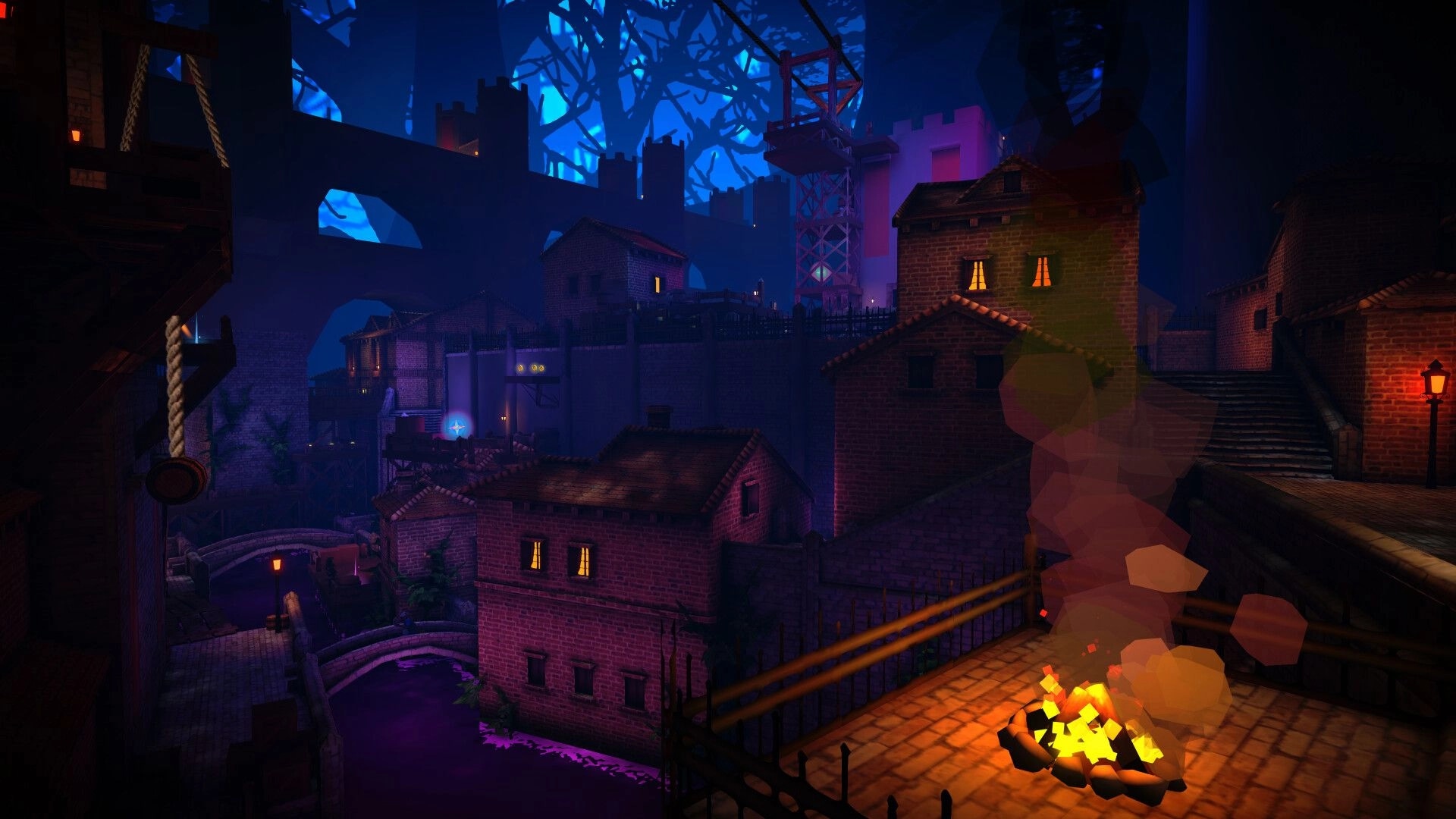 Mouseward: View over brick rooftops and canals with a lit campfire terrace in a dark city at night.
