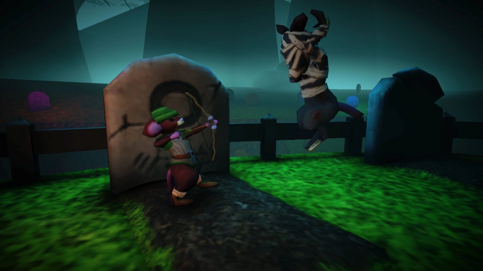 Mouseward: Mouse archer aims bow at a bandaged deer enemy in a foggy graveyard by a fence.
