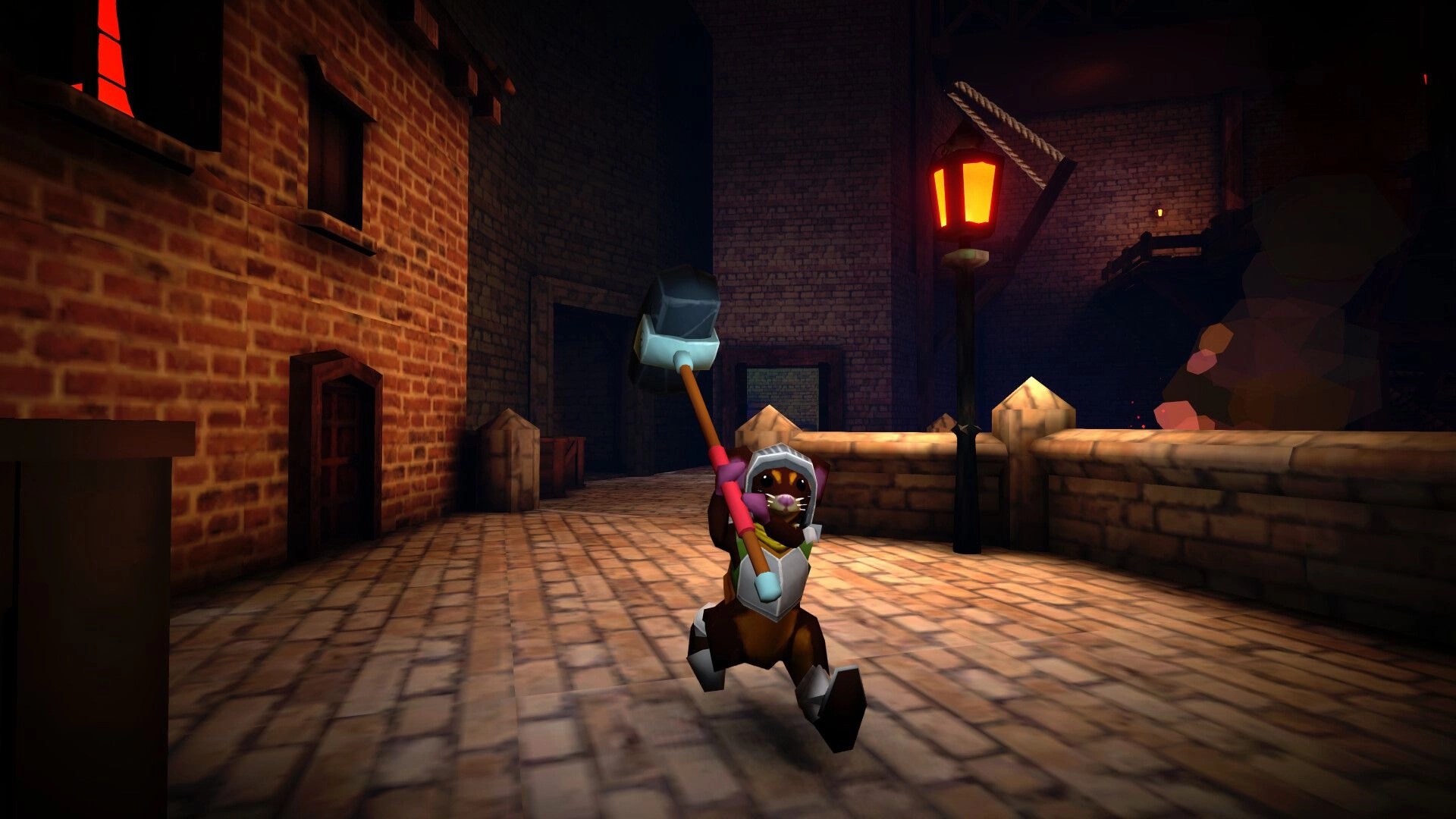 Mouseward: Armored mouse guard wielding a hammer in a dim brick alley lit by a streetlamp.