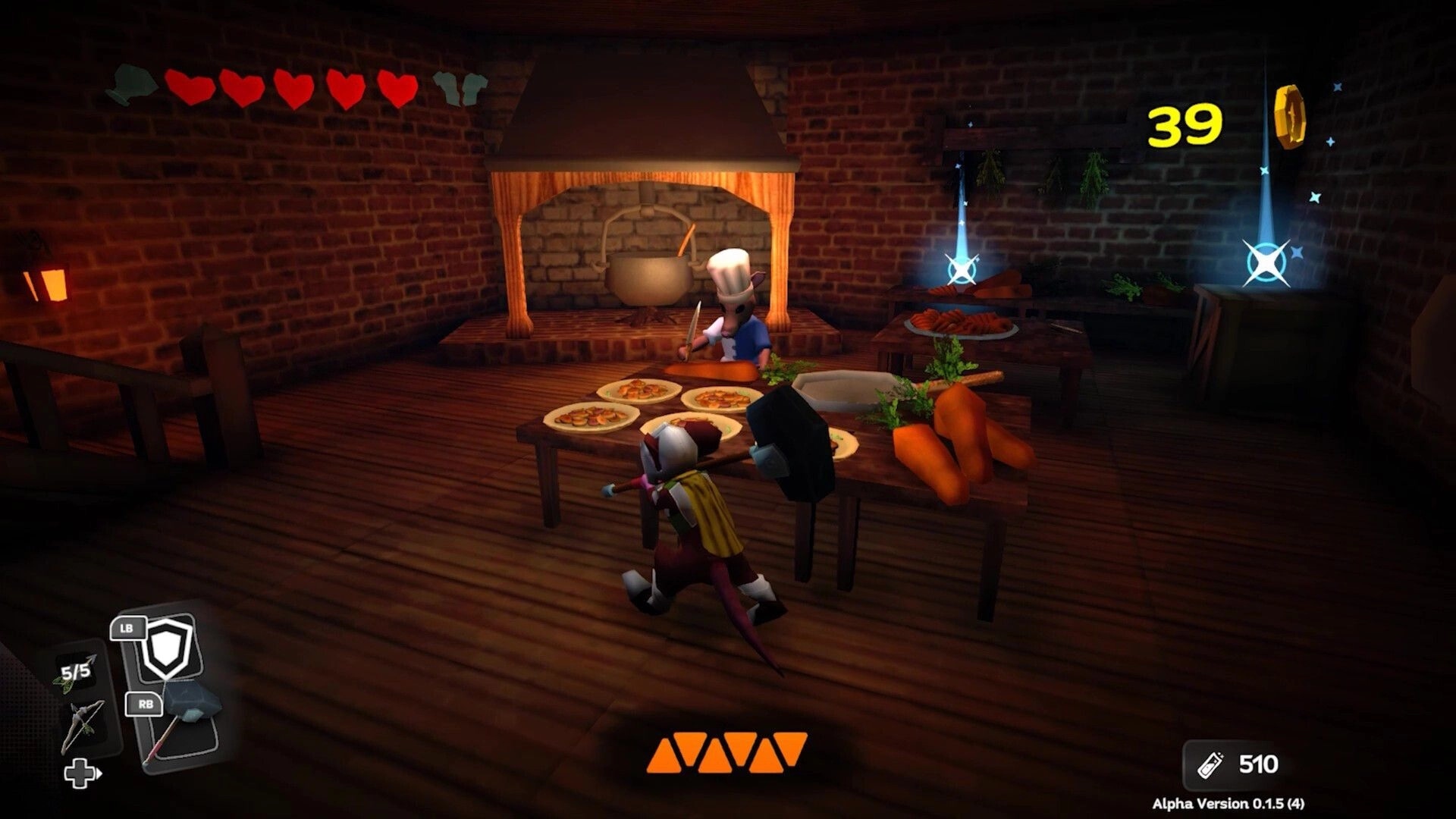 Mouseward: Armored mouse guard faces chef mouse in brick kitchen, hearts HUD and 39 coins visible.