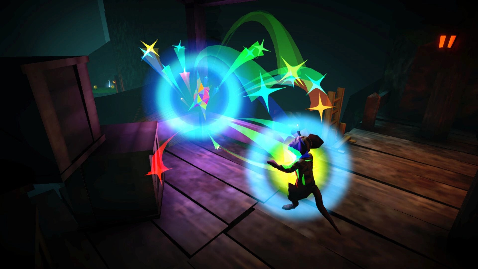 Mouseward: Mouse guard casts a rainbow spell at a glowing crystal orb inside a dim wooden room.