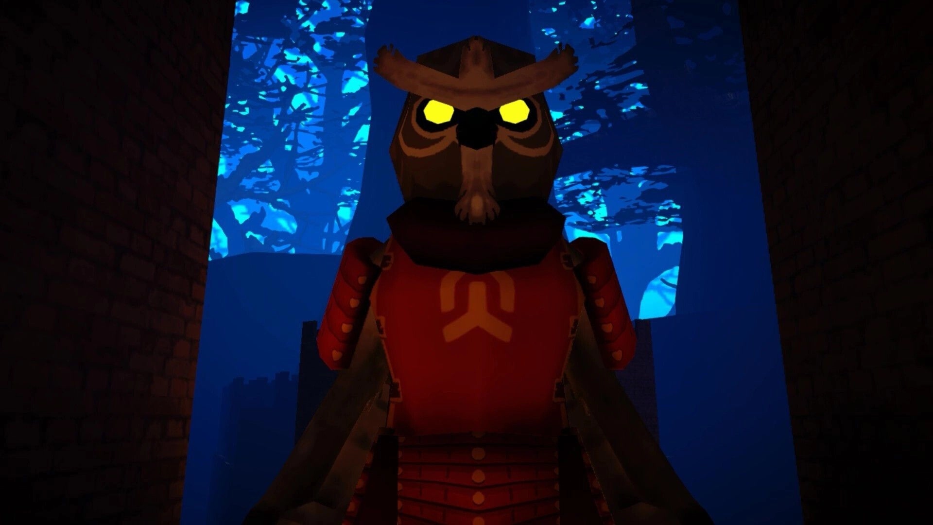 Mouseward: Close-up of an owl-like armored guard with glowing eyes in a blue-lit forest ruin corridor.