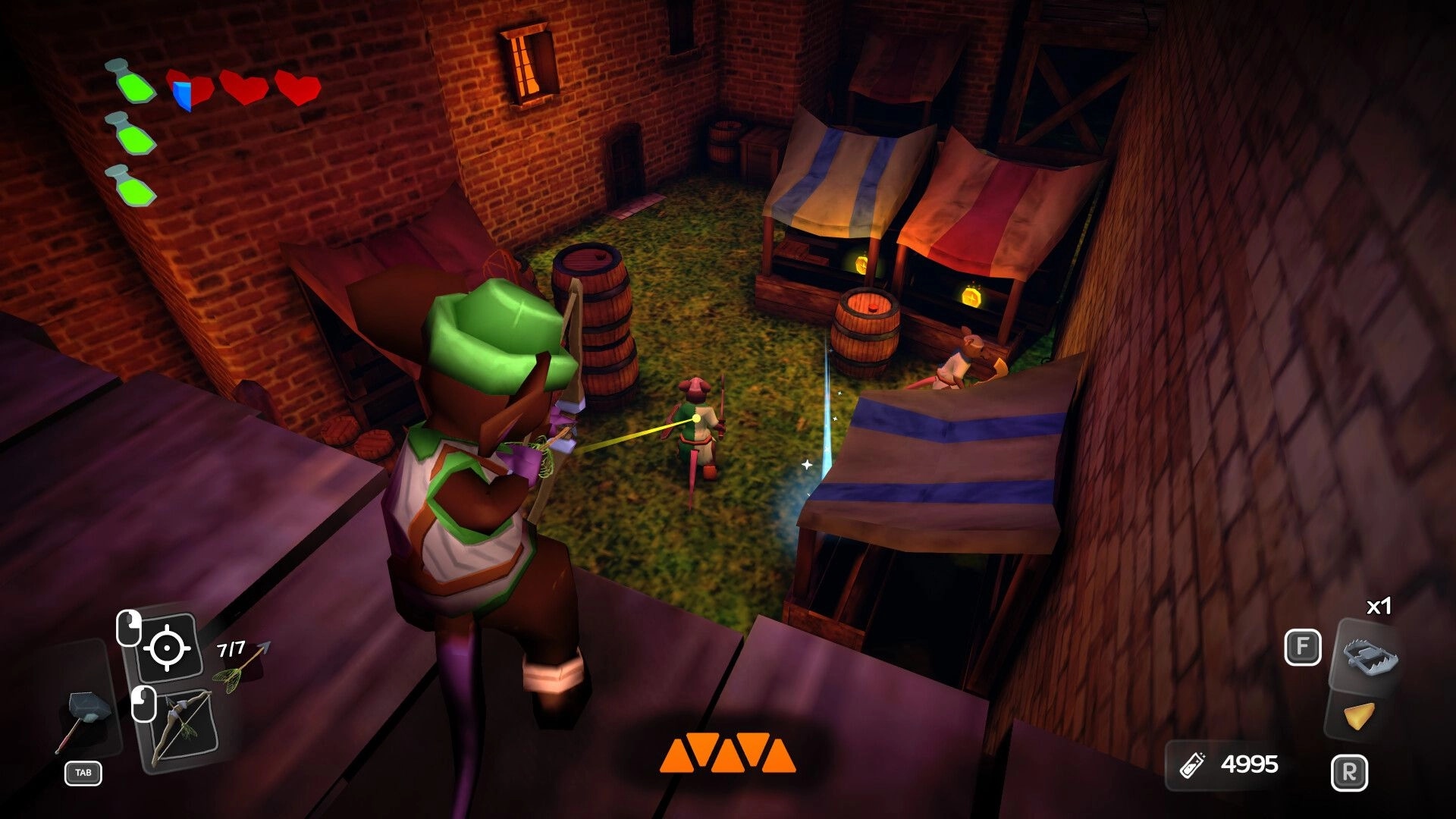 Mouseward: Mouse archer aims from rooftop at guard in brick market alley with stalls, hearts UI.