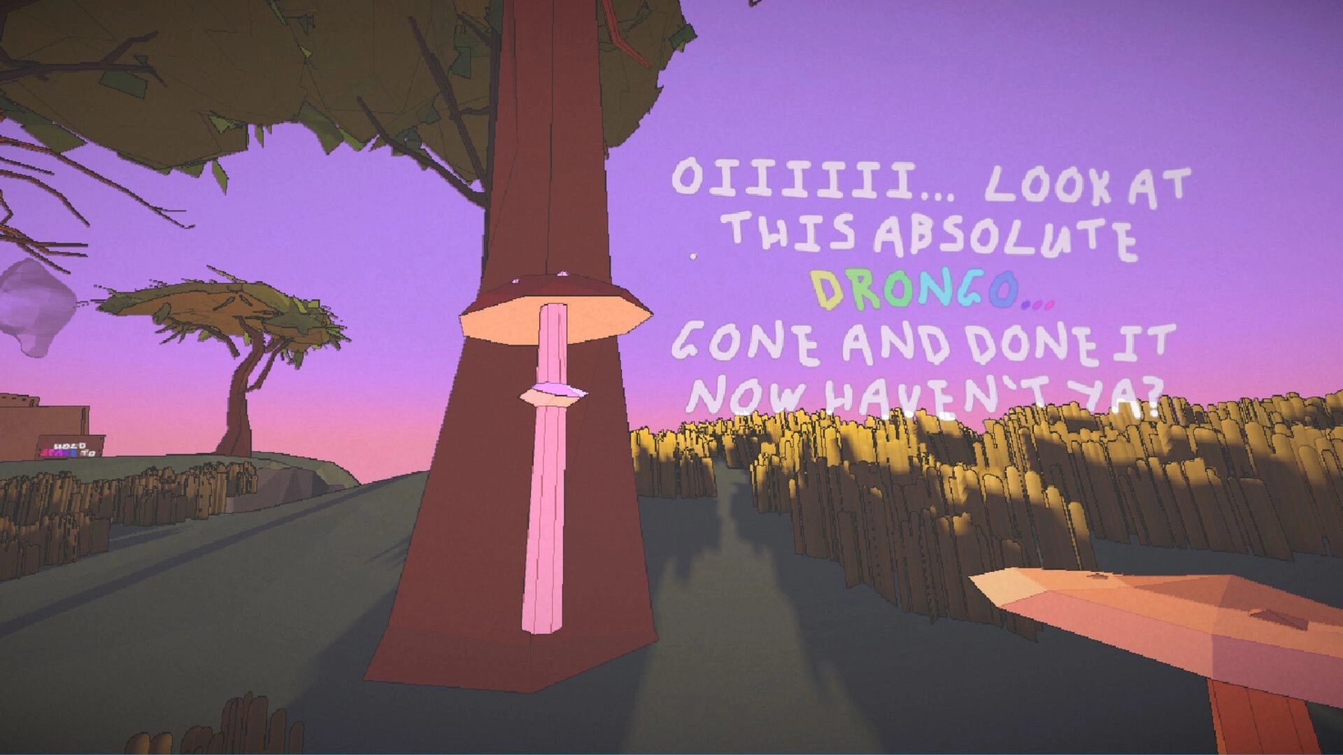 Mozentum: First-person view beside a tall red tower as graffiti taunts under purple outback sky.