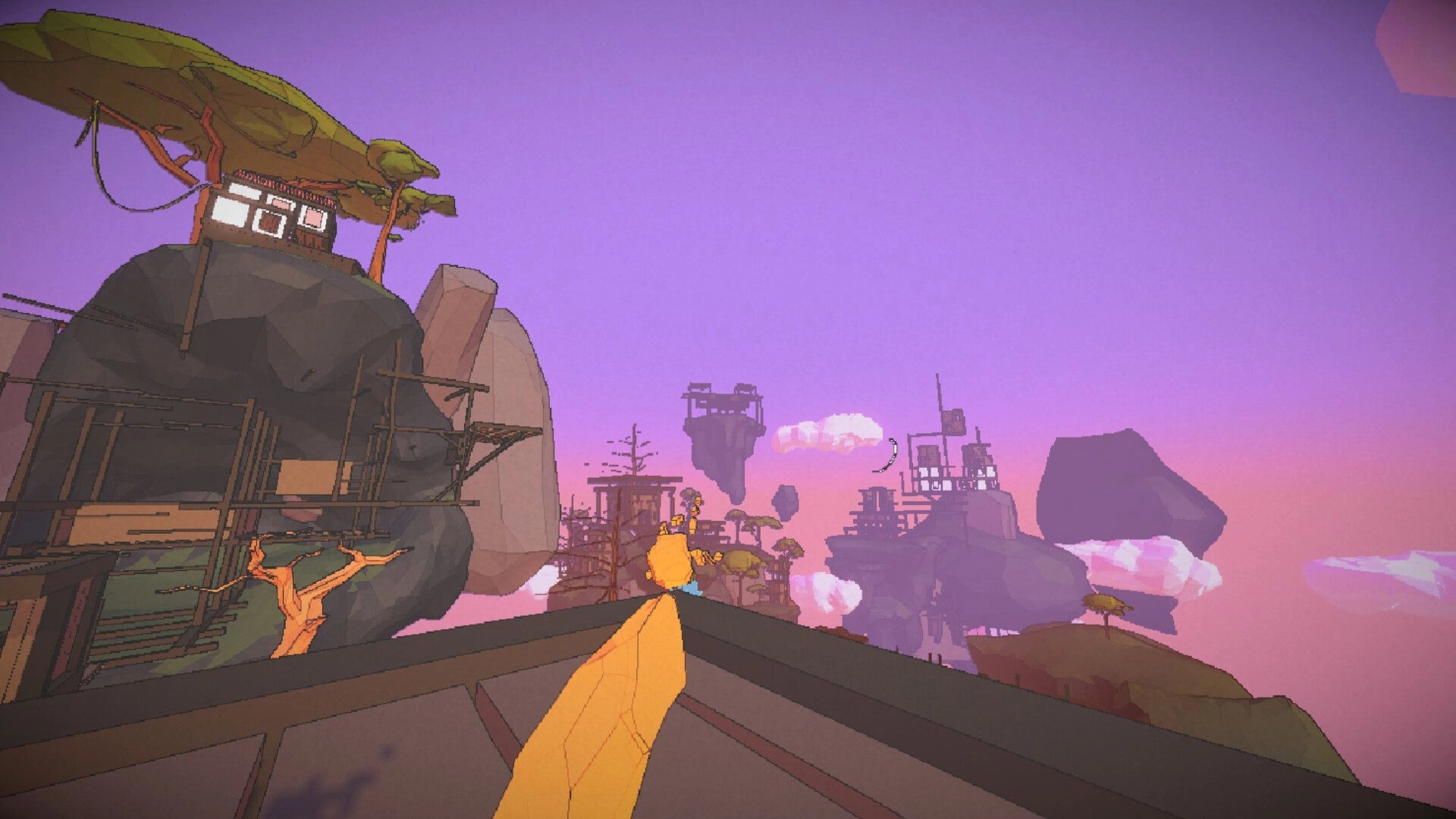 Mozentum: First-person view holding a yellow grab hand on a ledge above floating ruins at dusk.