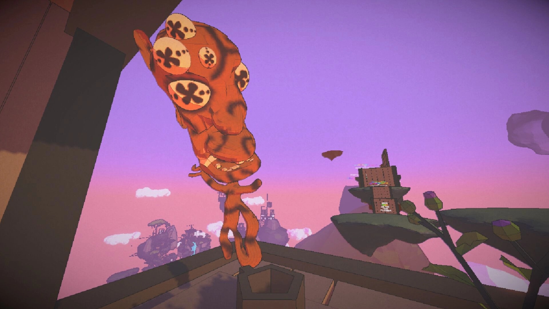 Mozentum: Player grabs a tall orange tentacle to swing near floating islands under purple sky.