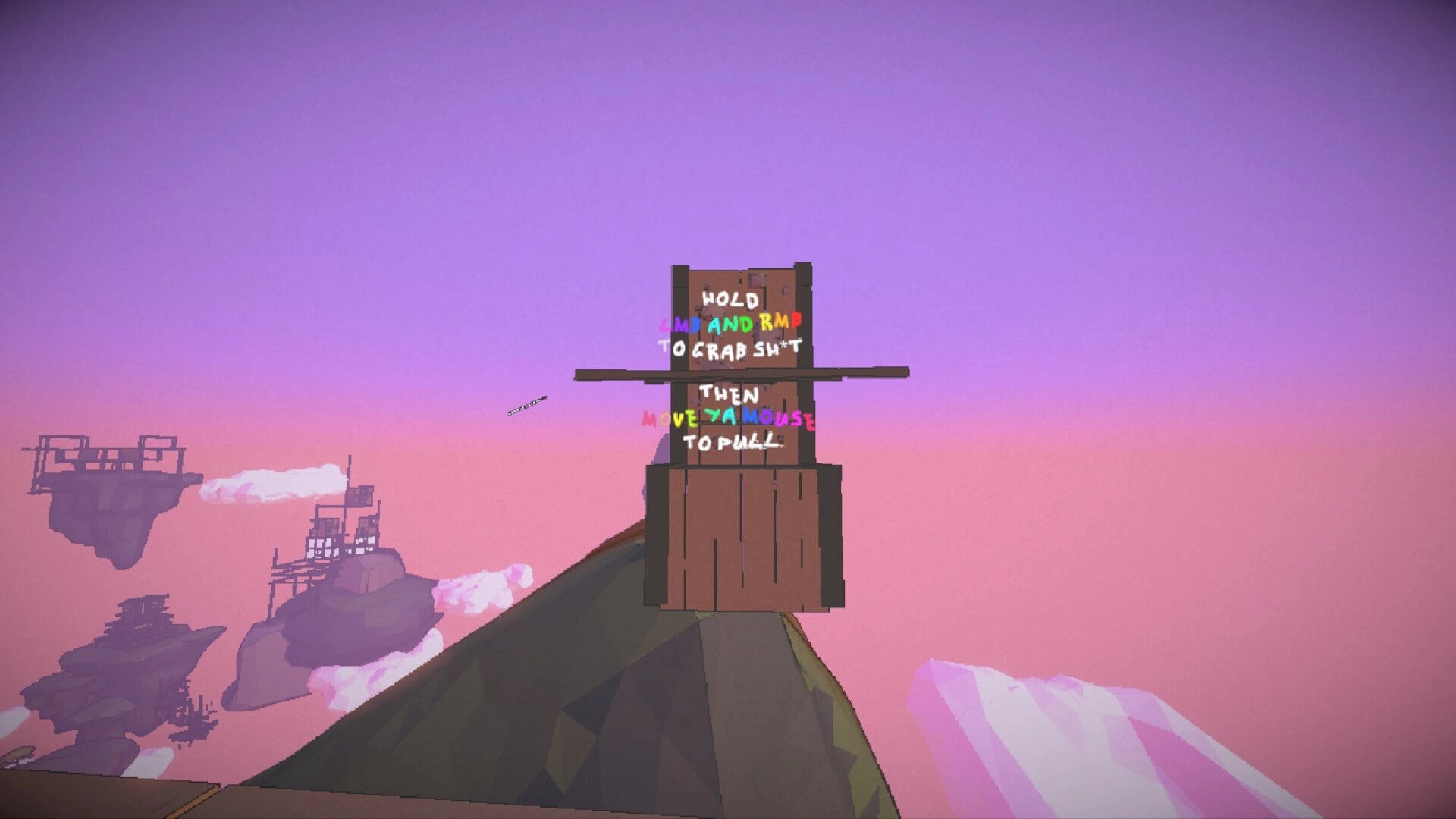 Mozentum: Tutorial sign says hold LMB and RMB to grab, on a cliff with floating islands at dusk.
