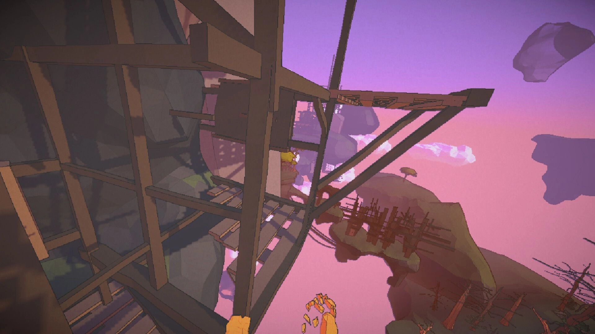 Mozentum: First-person climbing on wooden scaffolding above floating islands in purple sky haze.