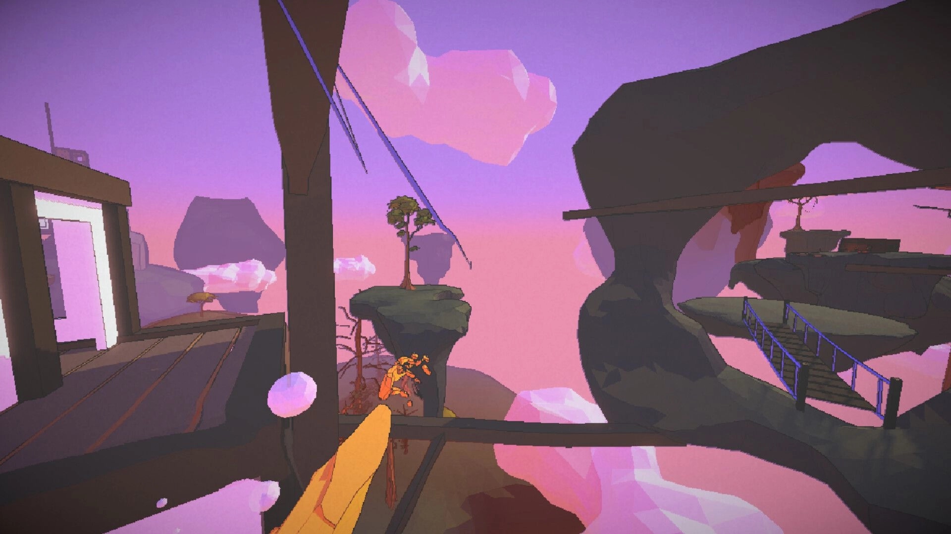 Mozentum: First-person view gripping a ledge above floating rock islands and bridges in pink sky.
