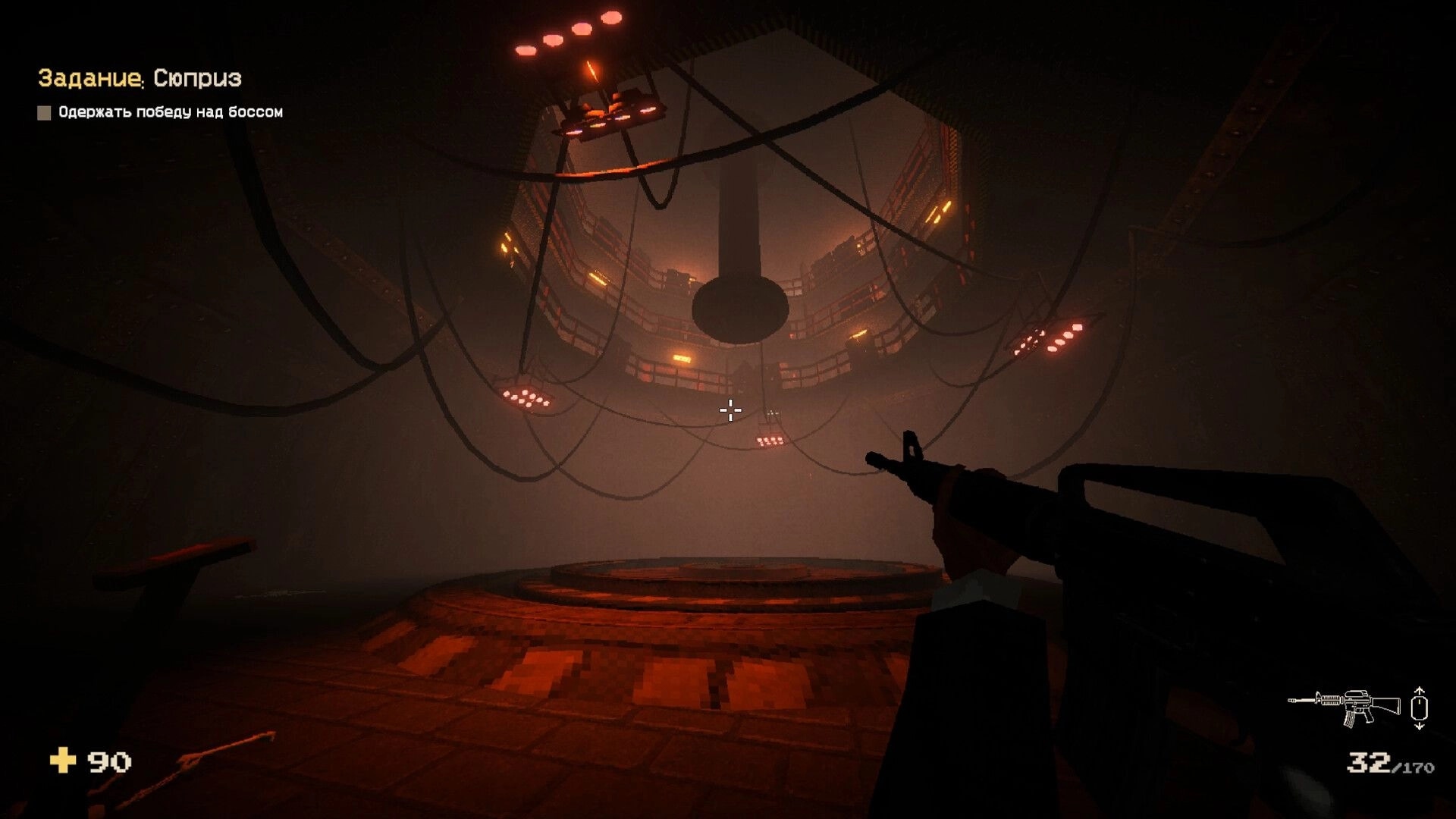 MR DONALD: Player aiming rifle in dimly lit industrial chamber with cables and glowing lights