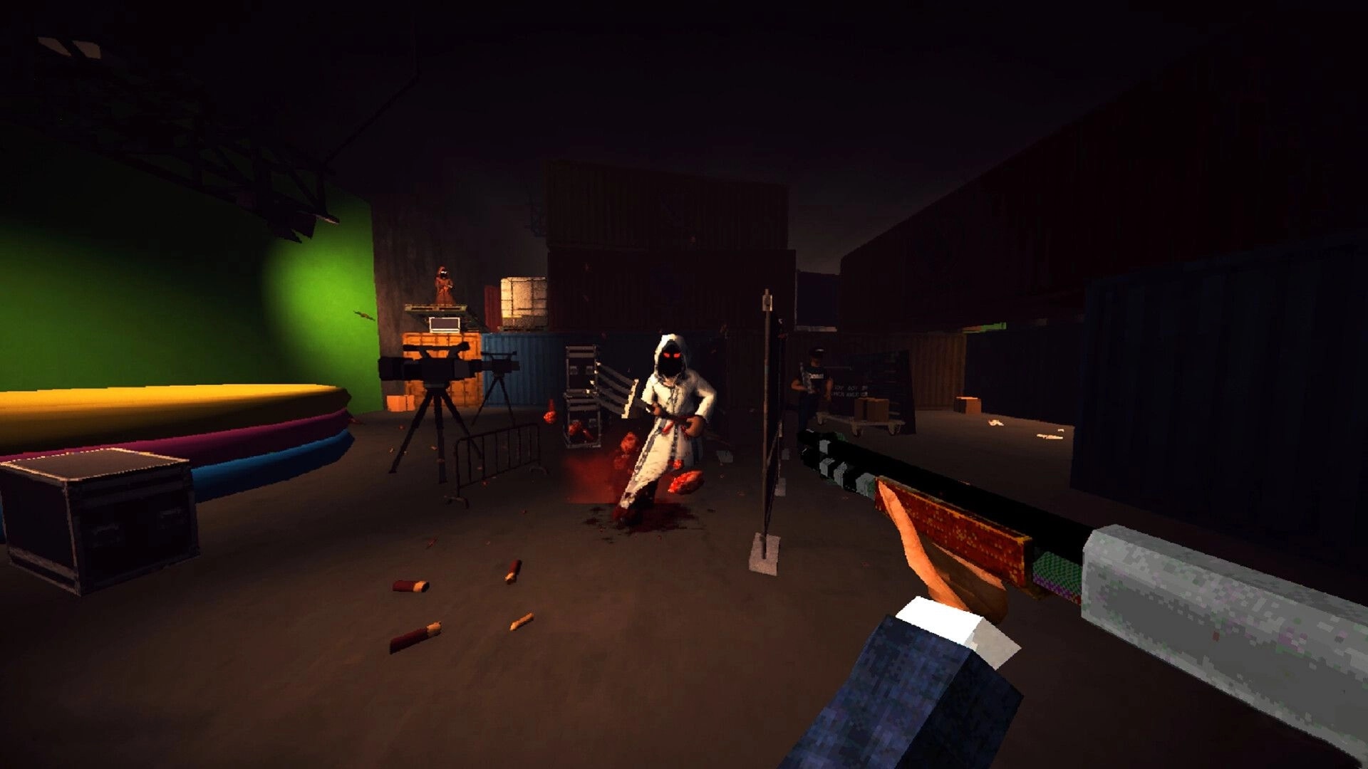 MR DONALD: First-person combat with hooded enemy in a dark warehouse with vibrant green backdrop