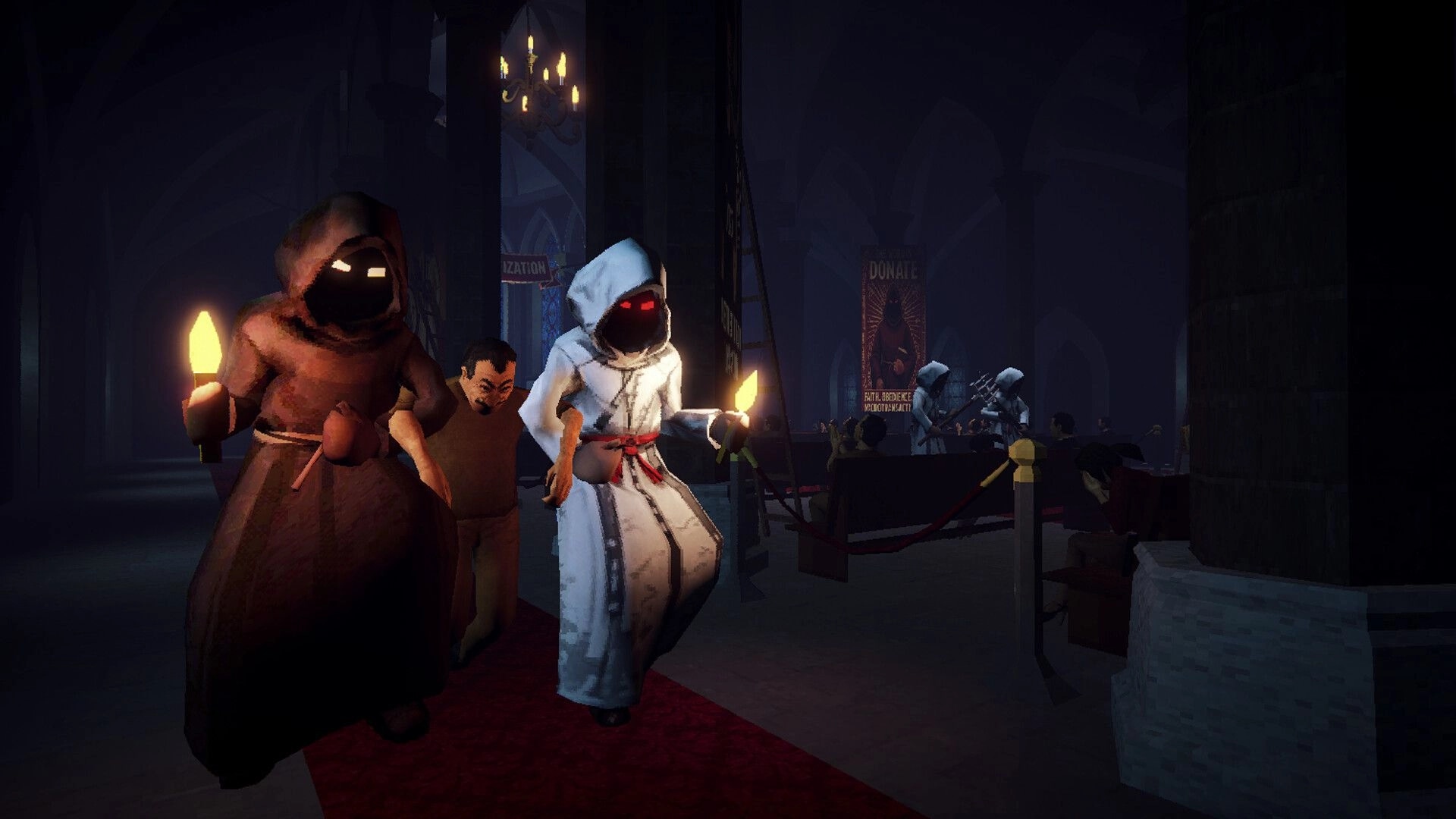 MR DONALD: Hooded figures with glowing eyes walk through a dimly lit cathedral interior carrying candles.