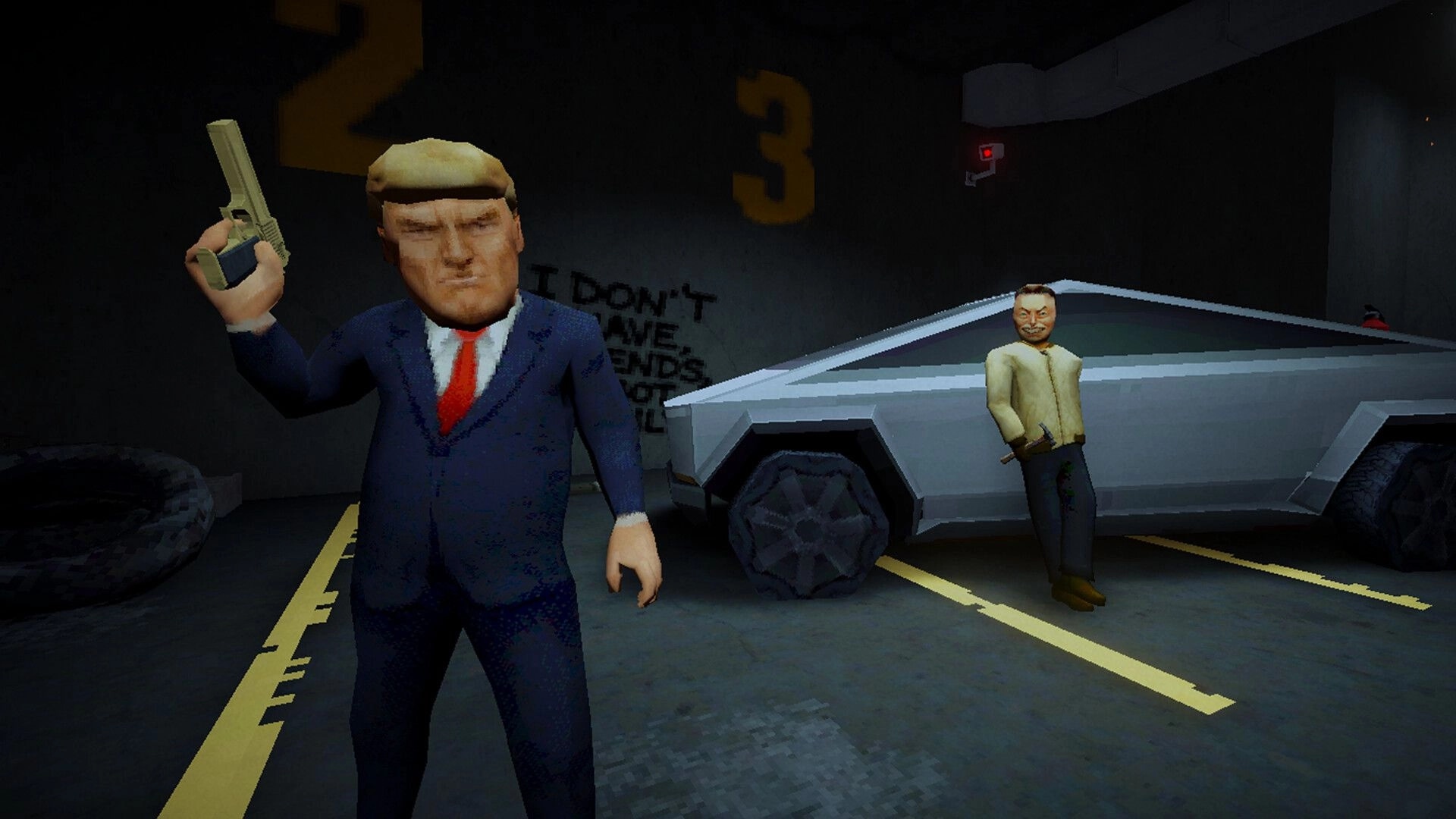MR DONALD: Armed character in a suit stands in a dim garage beside a futuristic vehicle and partner.
