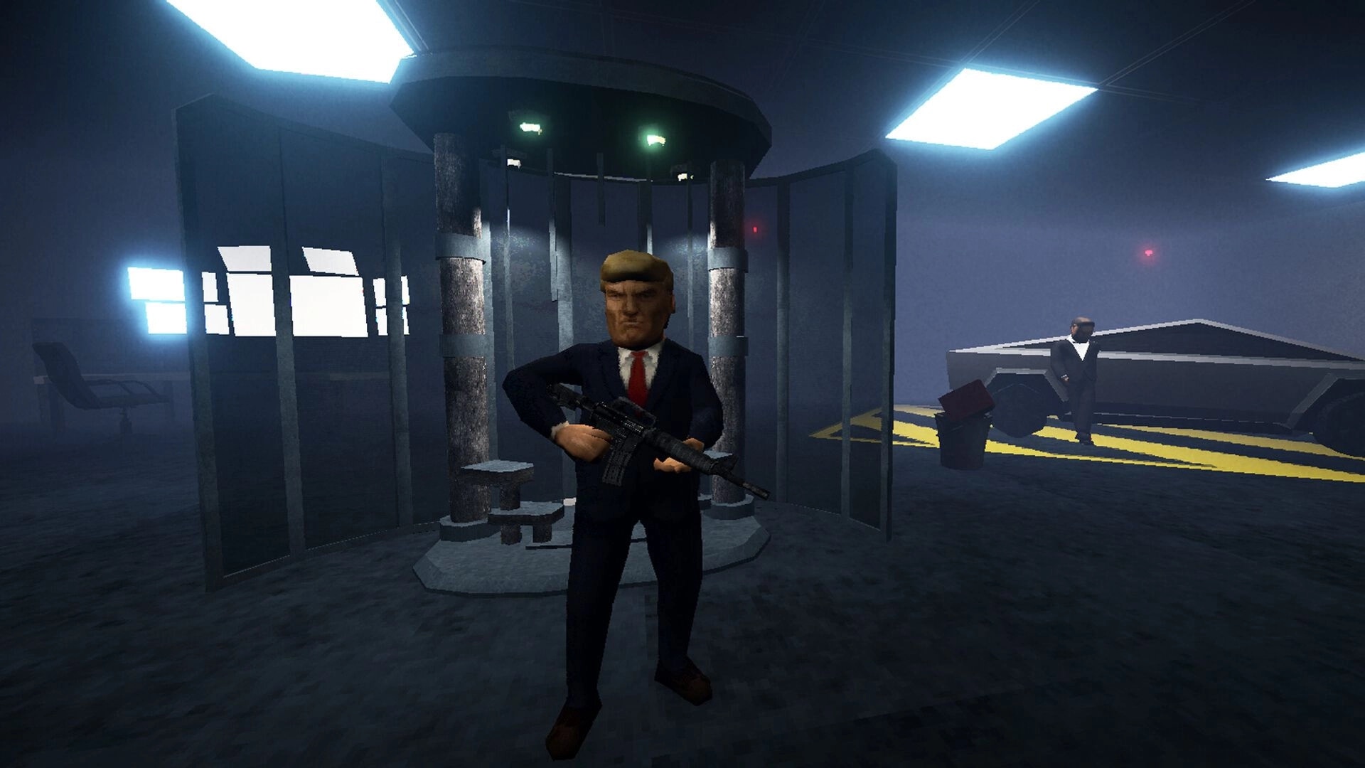MR DONALD: Armed character in a suit stands ready in a dimly lit futuristic room with a parked vehicle.