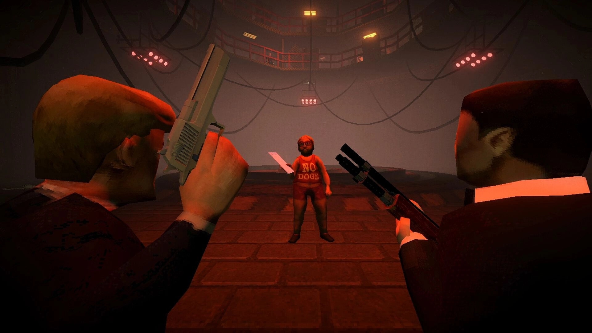MR DONALD: Confrontation in dimly lit room with two armed characters facing a man in "NO DOGE" shirt.