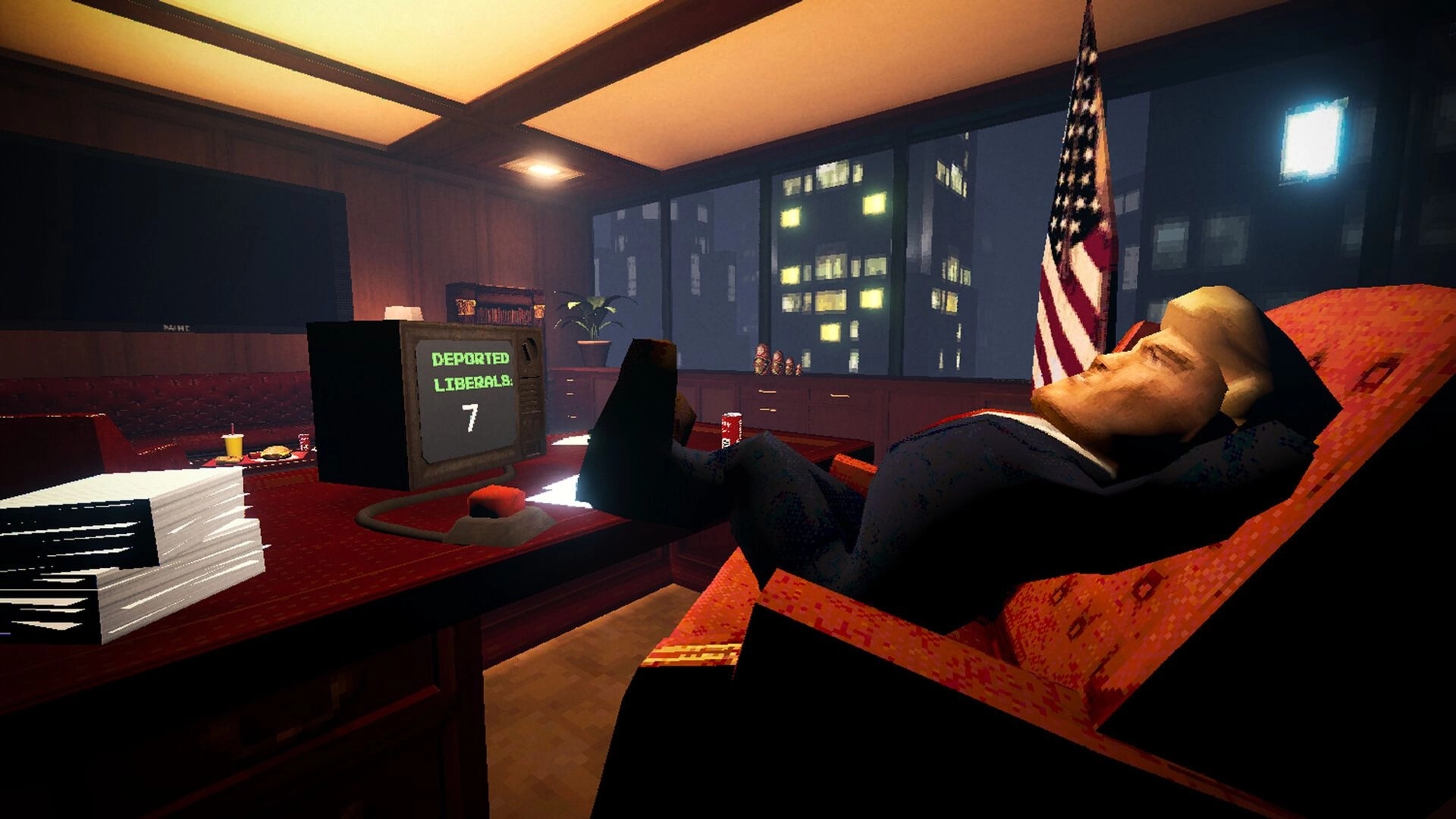 MR DONALD: Relaxing in office with feet on desk, monitor displays "Deported Liberals: 7"