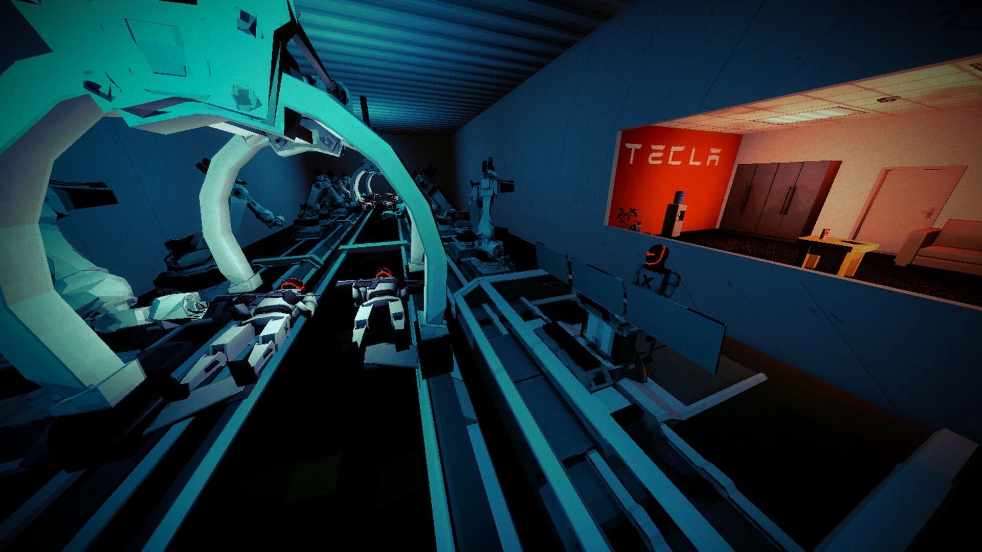 MR DONALD: Robot assembly line in futuristic factory with glowing machinery and office in background