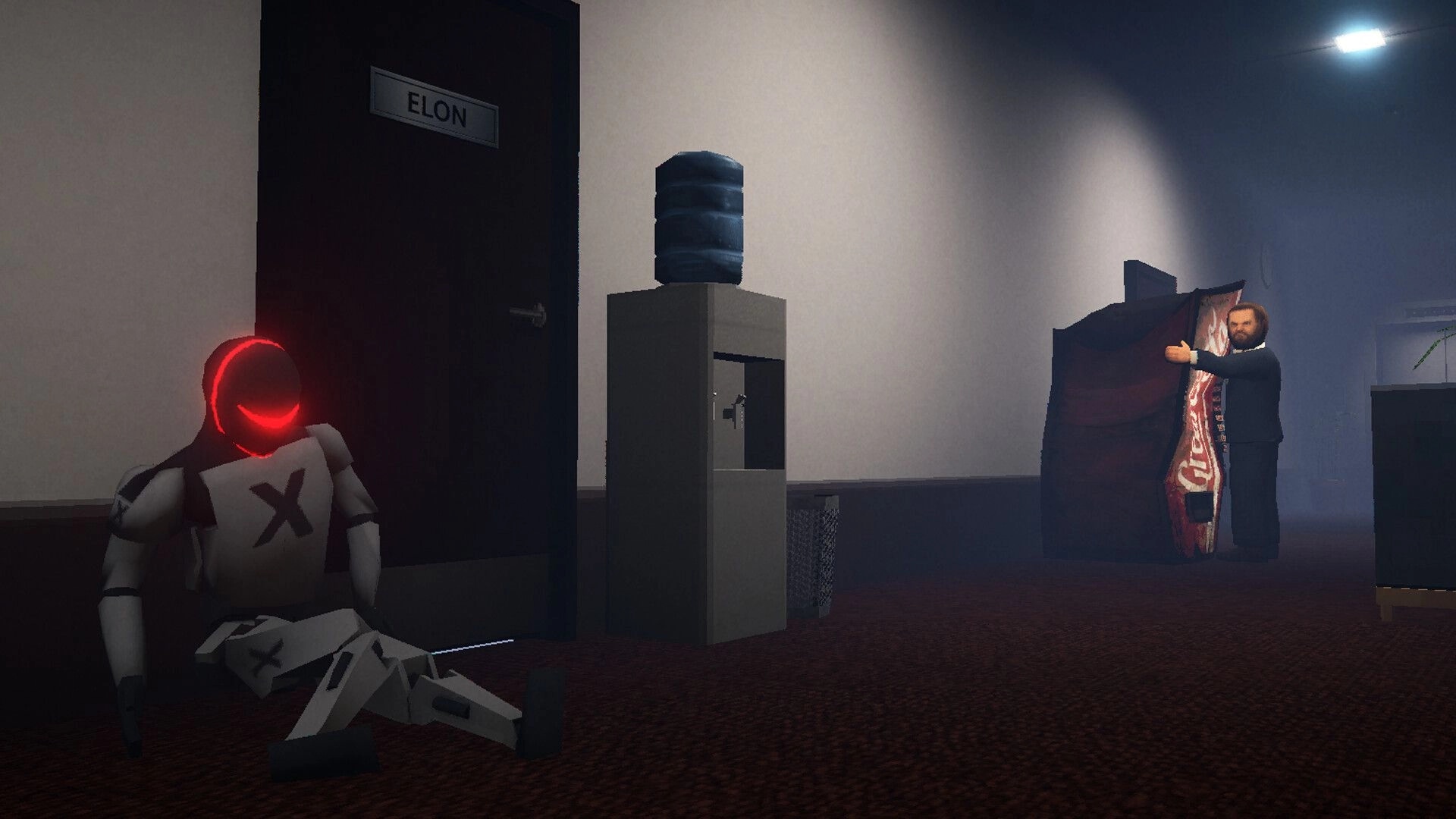 MR DONALD: Sneaking past a red-eyed robot by a water cooler near a door labeled "ELON" in a dim hallway.