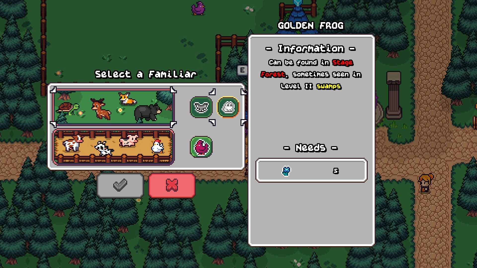 MR MAGEBOY: Familiar selection menu and Golden Frog info panel over a forest path scene.