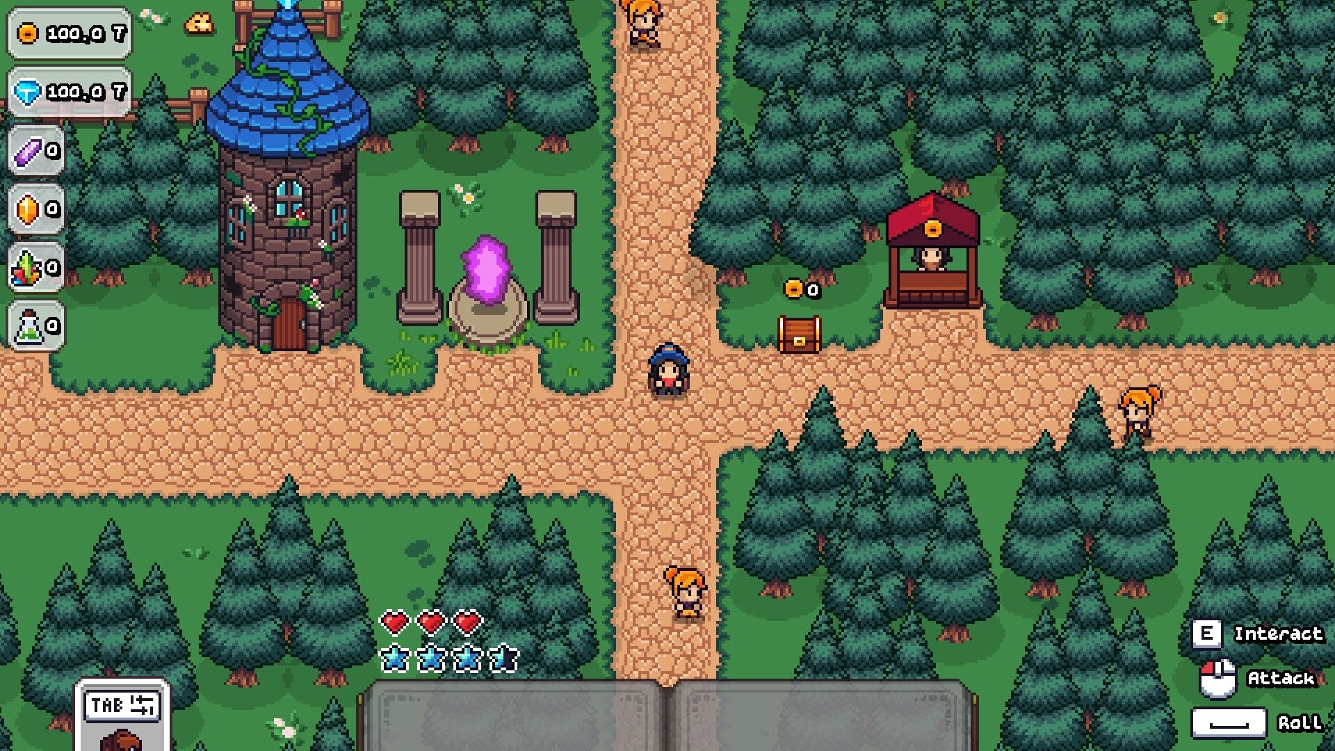 MR MAGEBOY: Player stands at forest crossroads by wizard tower, portal shrine, shop stall, UI stats.