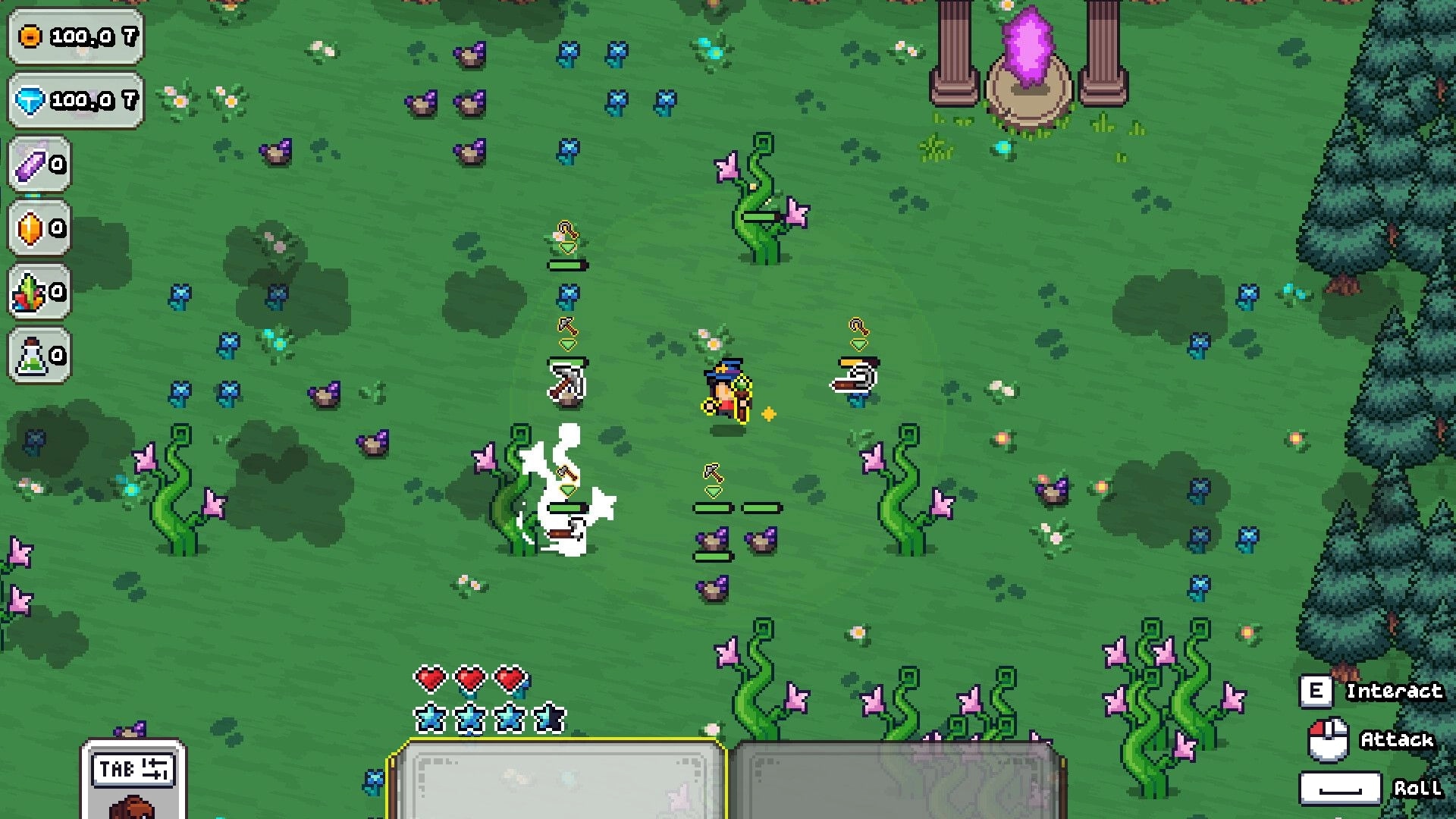 MR MAGEBOY: Mage fights slimes amid flowers and vines, with resource HUD and portal ruins nearby.