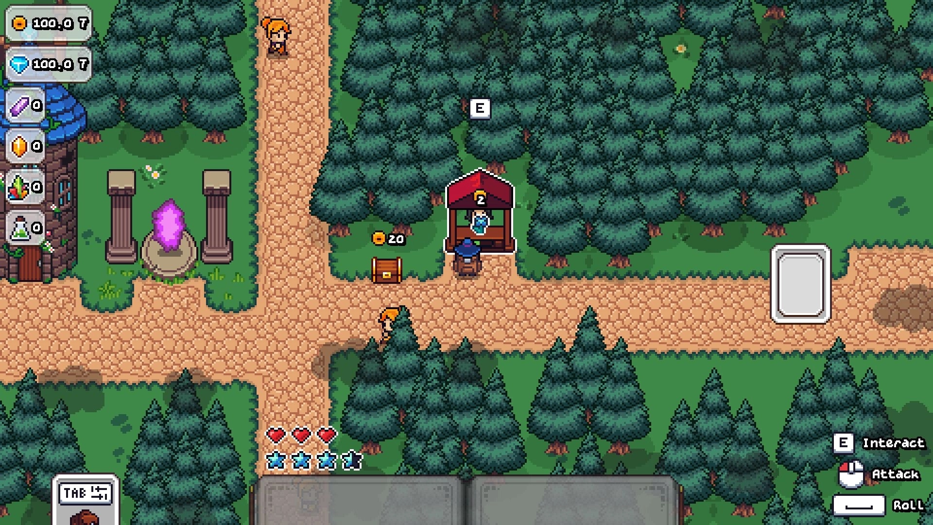 MR MAGEBOY: Player at a market stall on forest paths, with resource bars, hearts, and E interact prompt.