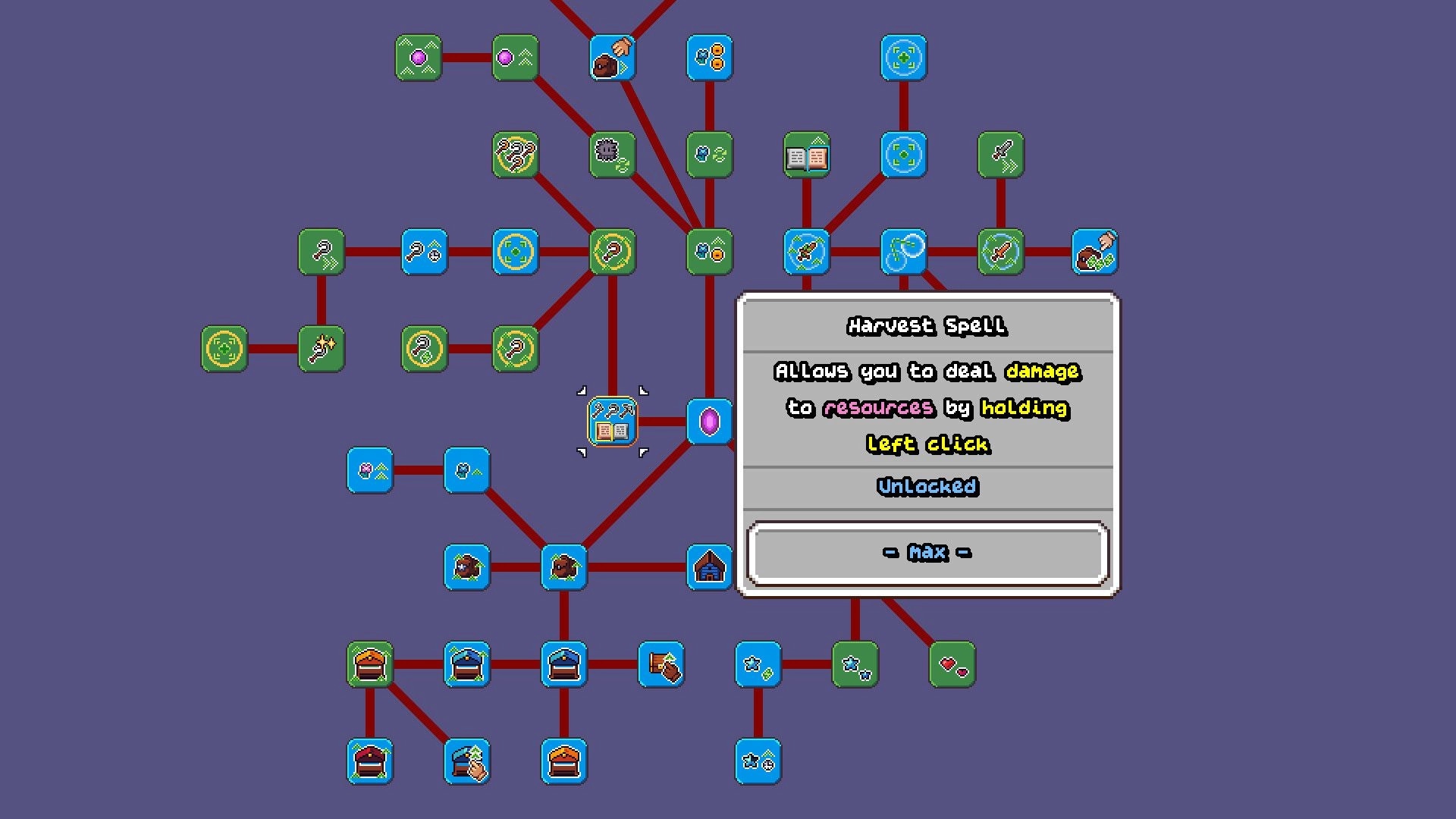 MR MAGEBOY: Skill tree upgrade screen with nodes and Harvest Spell tooltip on a purple background.