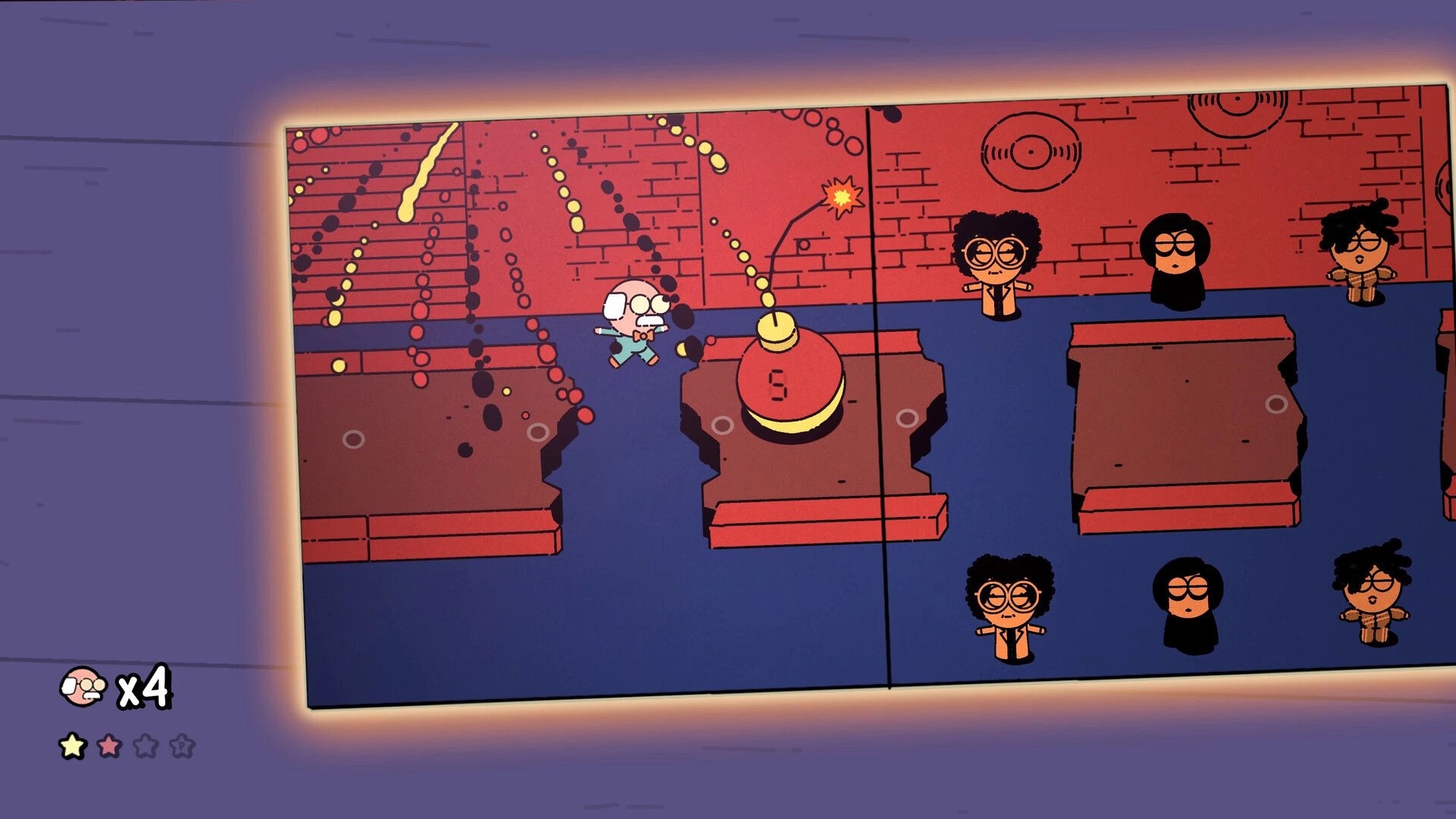 MR. RECORDS: Tiny character jumps past a bomb on platforms as onlookers watch in brick corridor UI x4 lives.