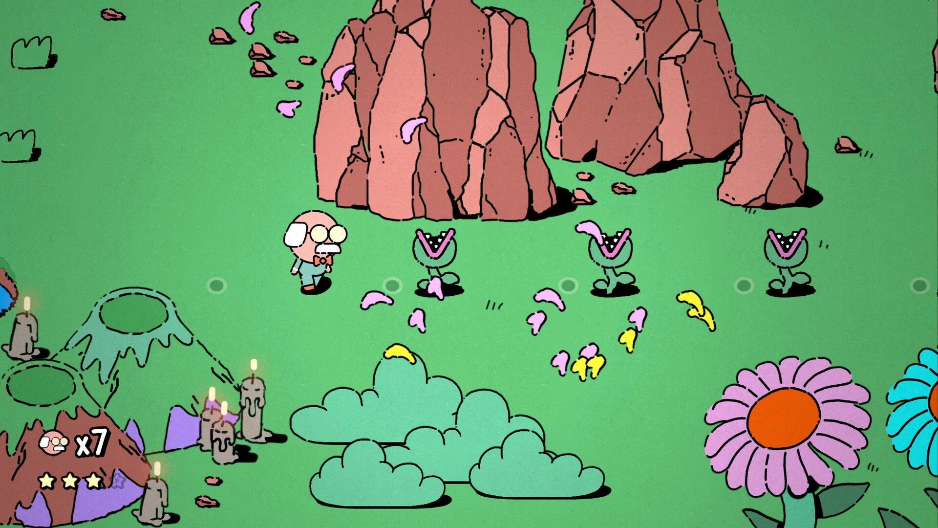 MR. RECORDS: George stands by snapping plants near boulders on grassy field, life x7 and stars UI.