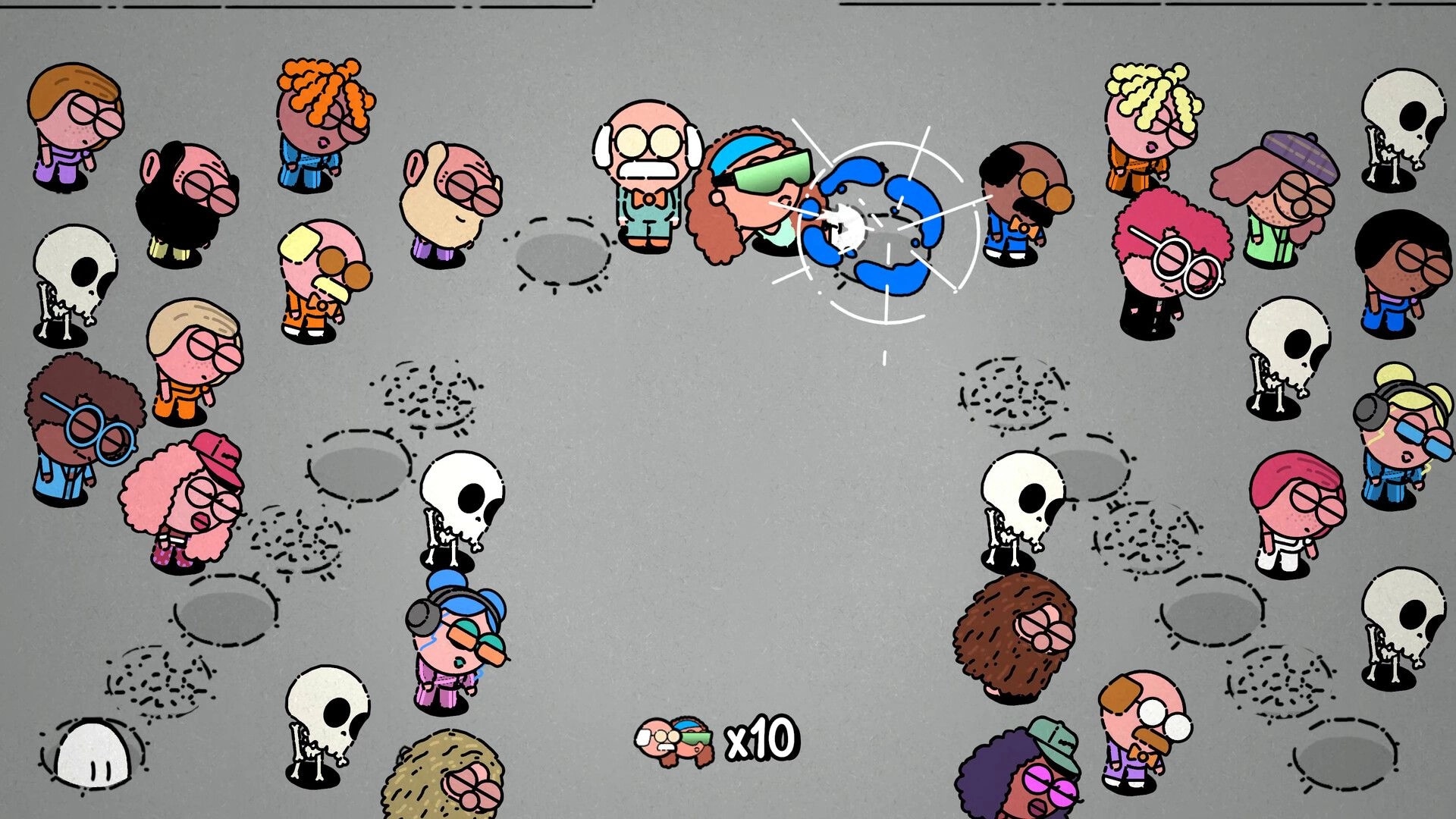 MR. RECORDS: Crowd of cartoon dancers circles a spinning disc target on a gray dance floor UI x10 icon.