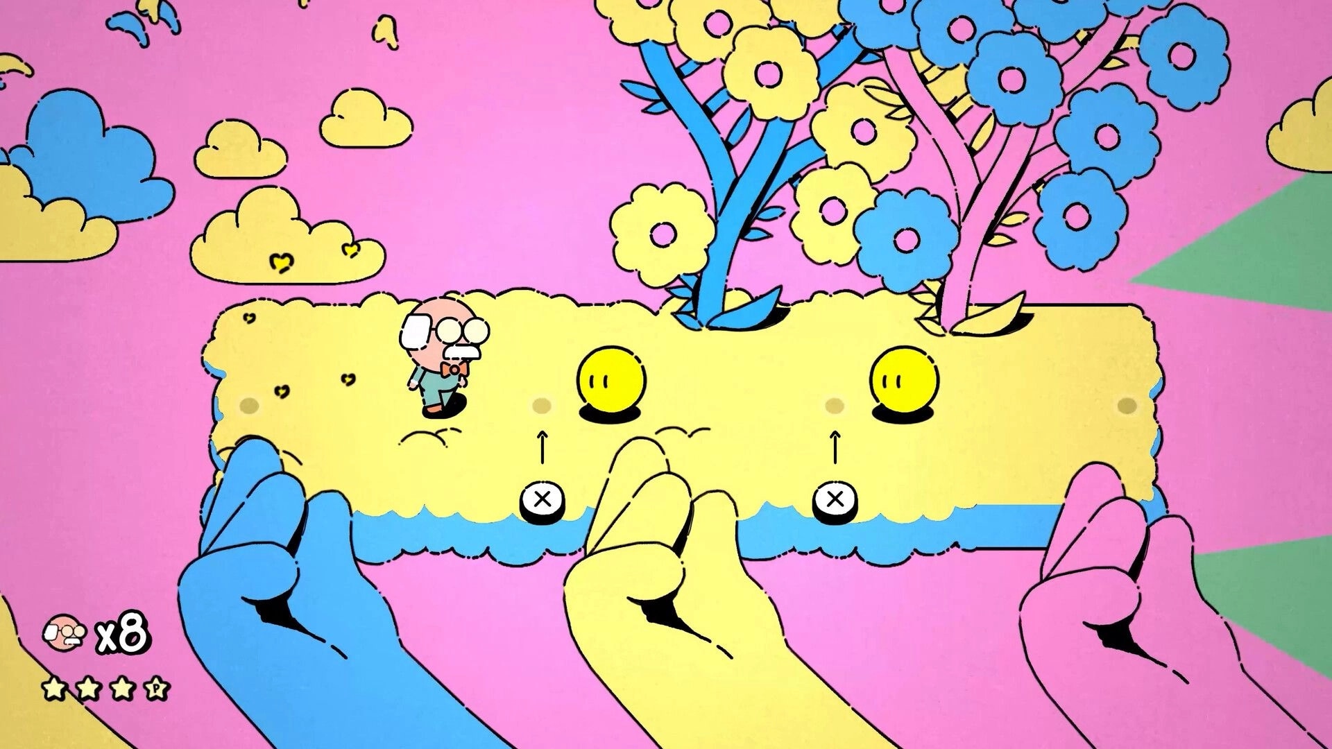 MR. RECORDS: George walks on a pastel platform with button prompts, flowers and clouds overhead.