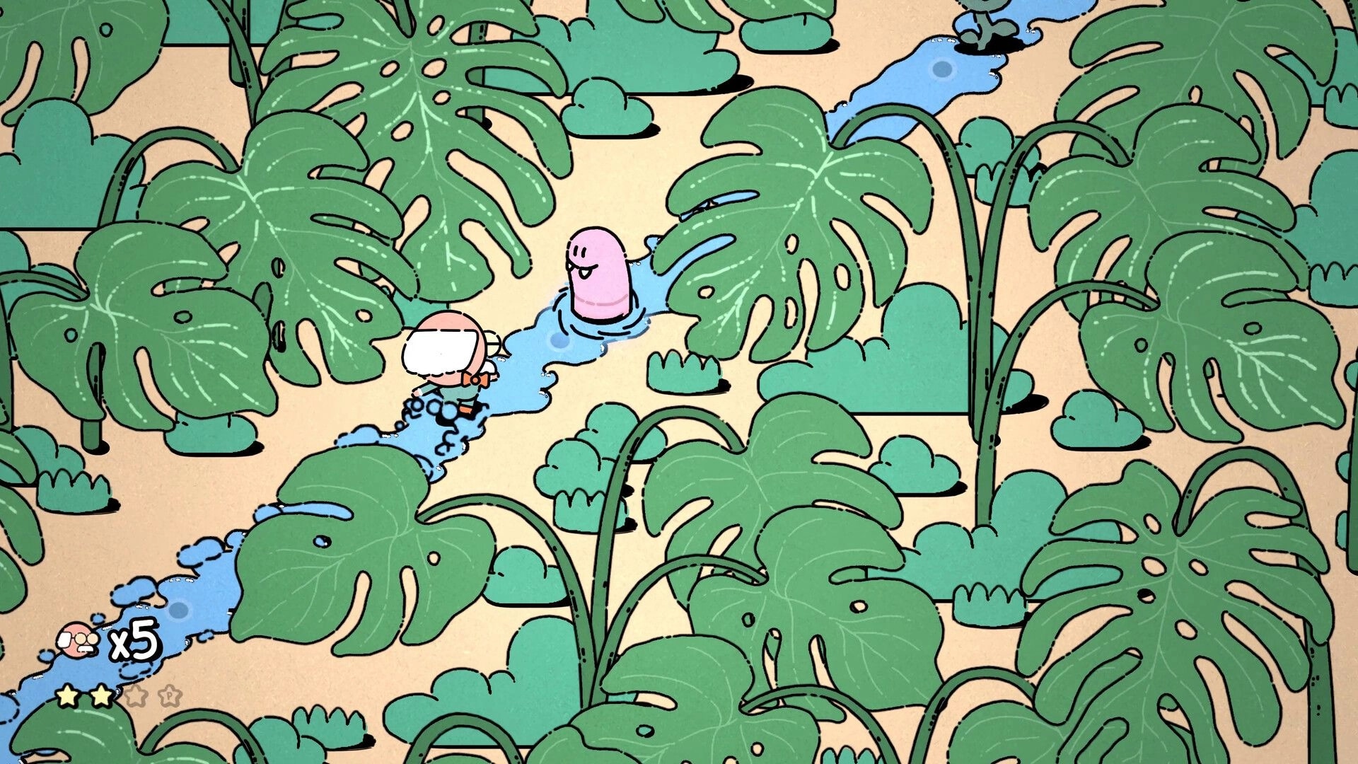 MR. RECORDS: Character wades through jungle stream toward pink creature, life x5 and stars HUD visible.