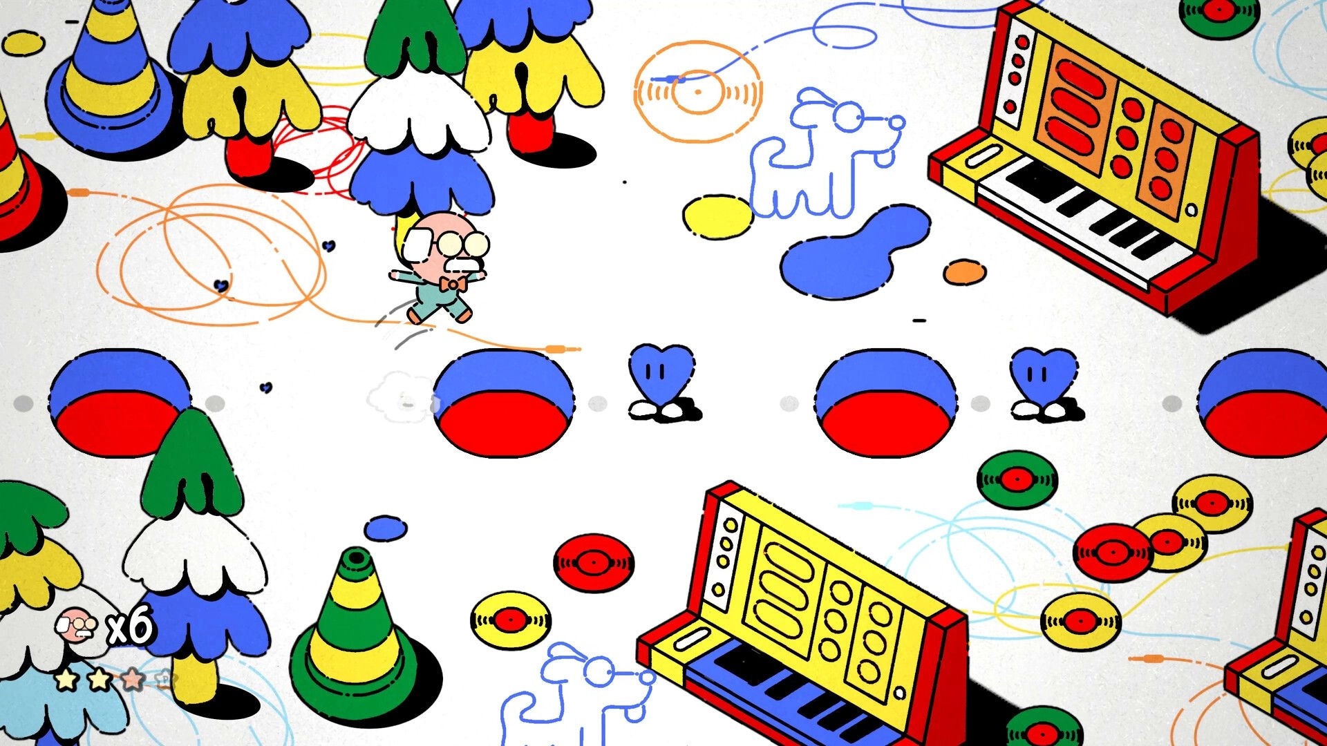 MR. RECORDS: George runs past giant legs and toy pianos, HUD shows x6 lives and stars on doodled floor.