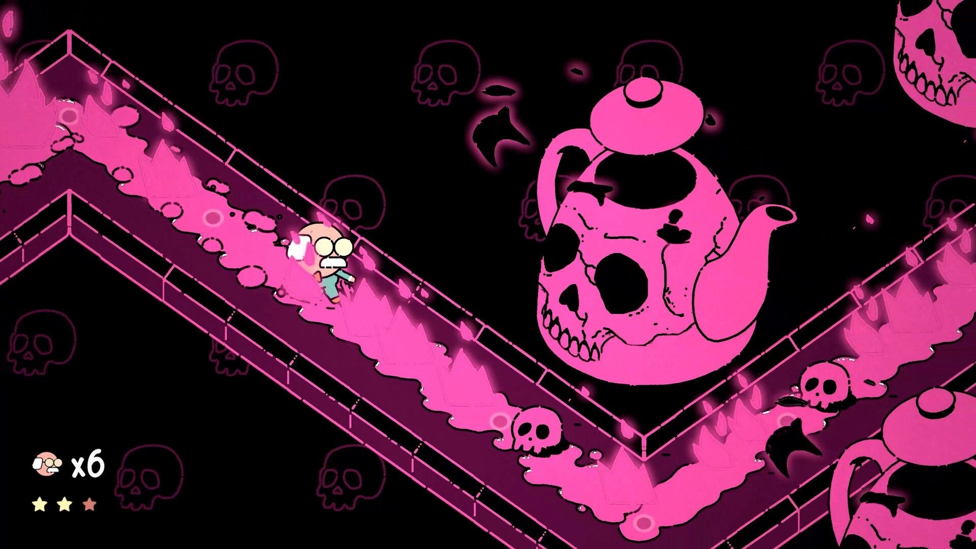 MR. RECORDS: George runs along a neon pink track past skulls and teapot hazards, x6 lives HUD.