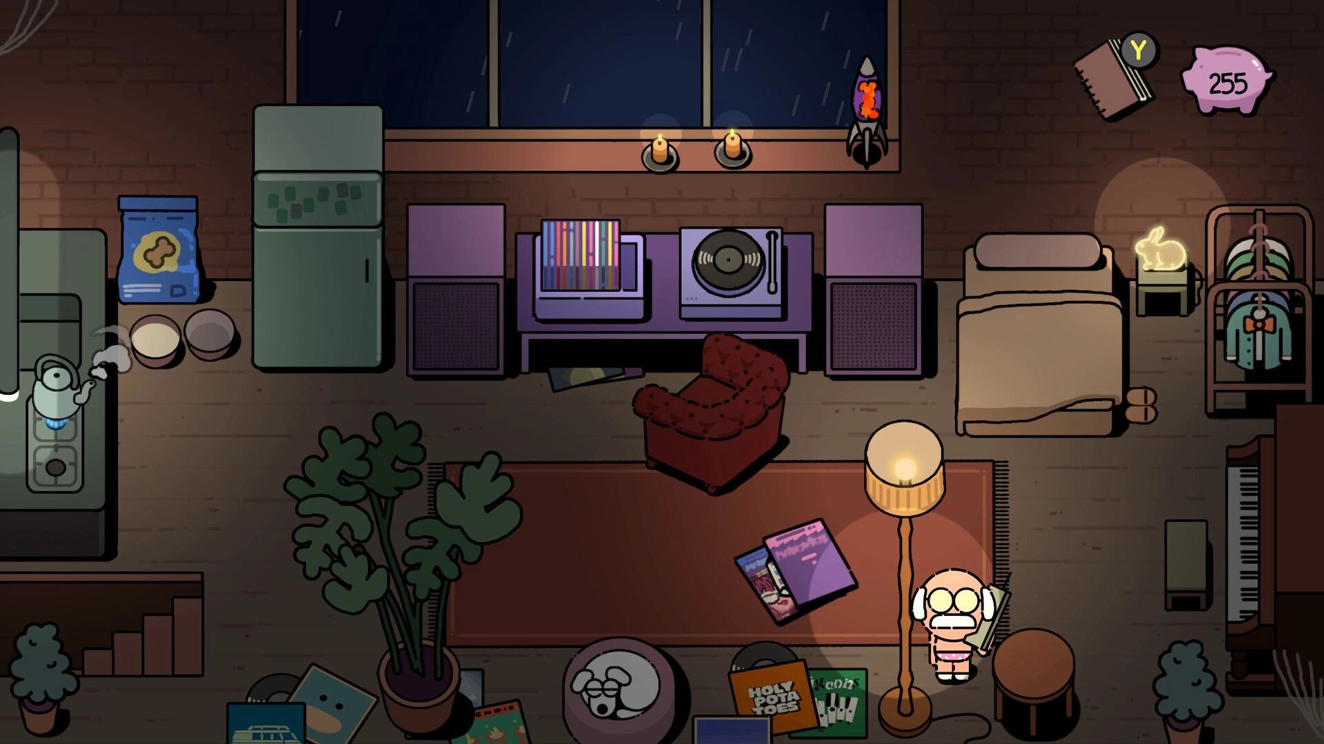 MR. RECORDS: George holds a record in his bedroom, turntable and speakers by a rainy window UI icons top right.