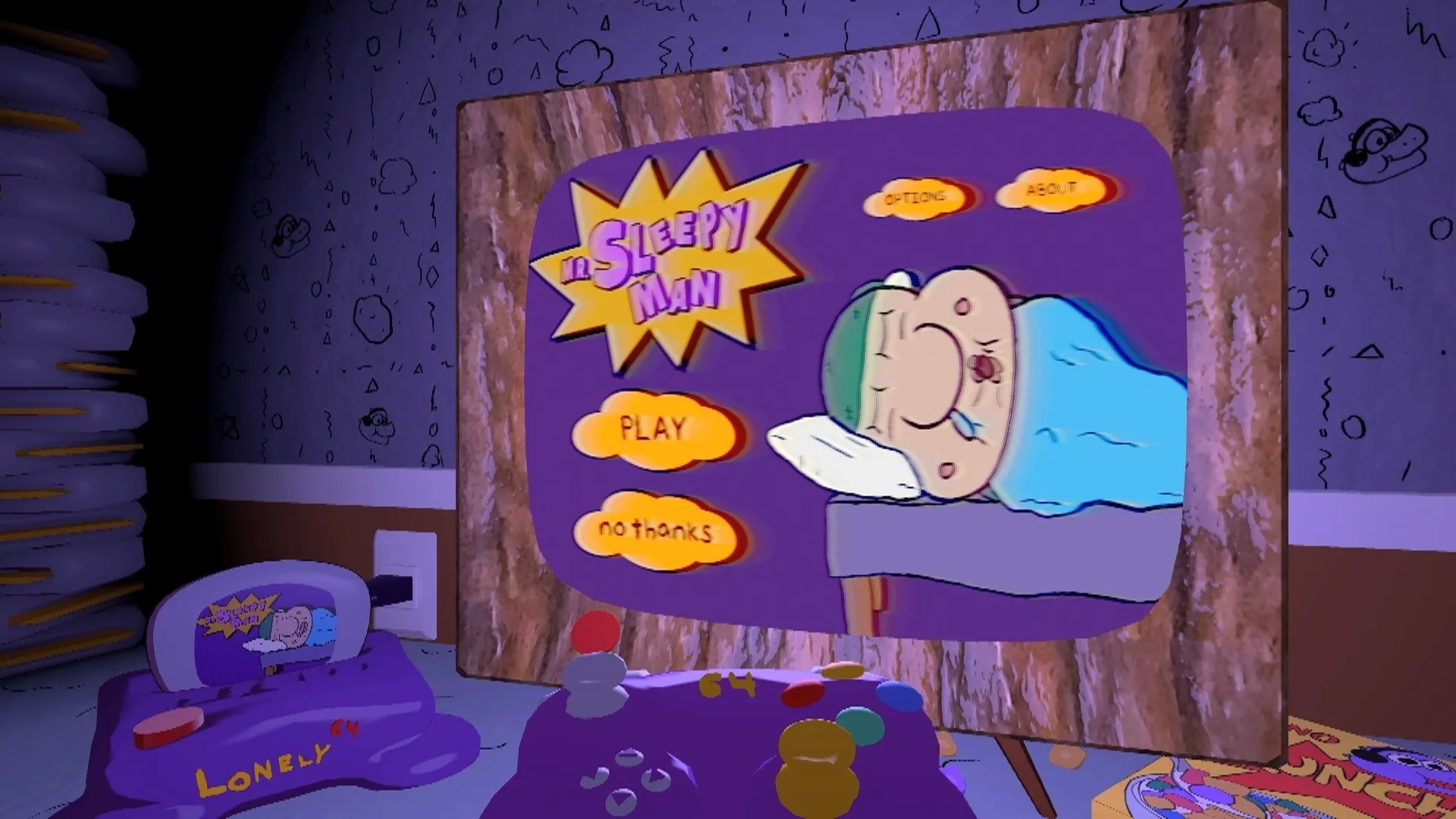Mr. Sleepy Man: Main menu screen with options for play, options, about, and nothanks in a cozy room.